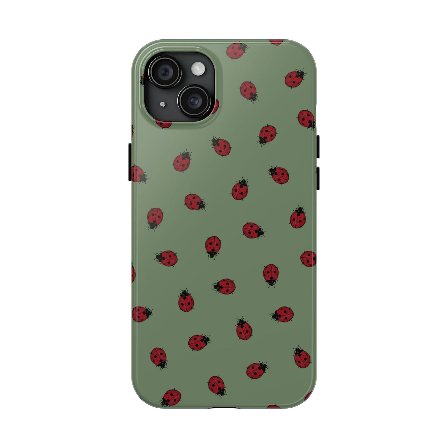 Phone case with ladybug pattern on a green background