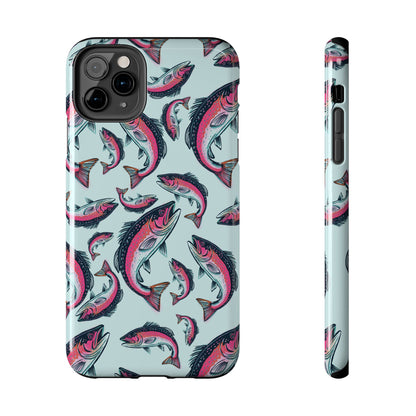 A colorful Rainbow Trout Pattern iPhone 11 Pro Max case showcasing an illustrated jumping trout by Jordan Kempain displayed on a white background.