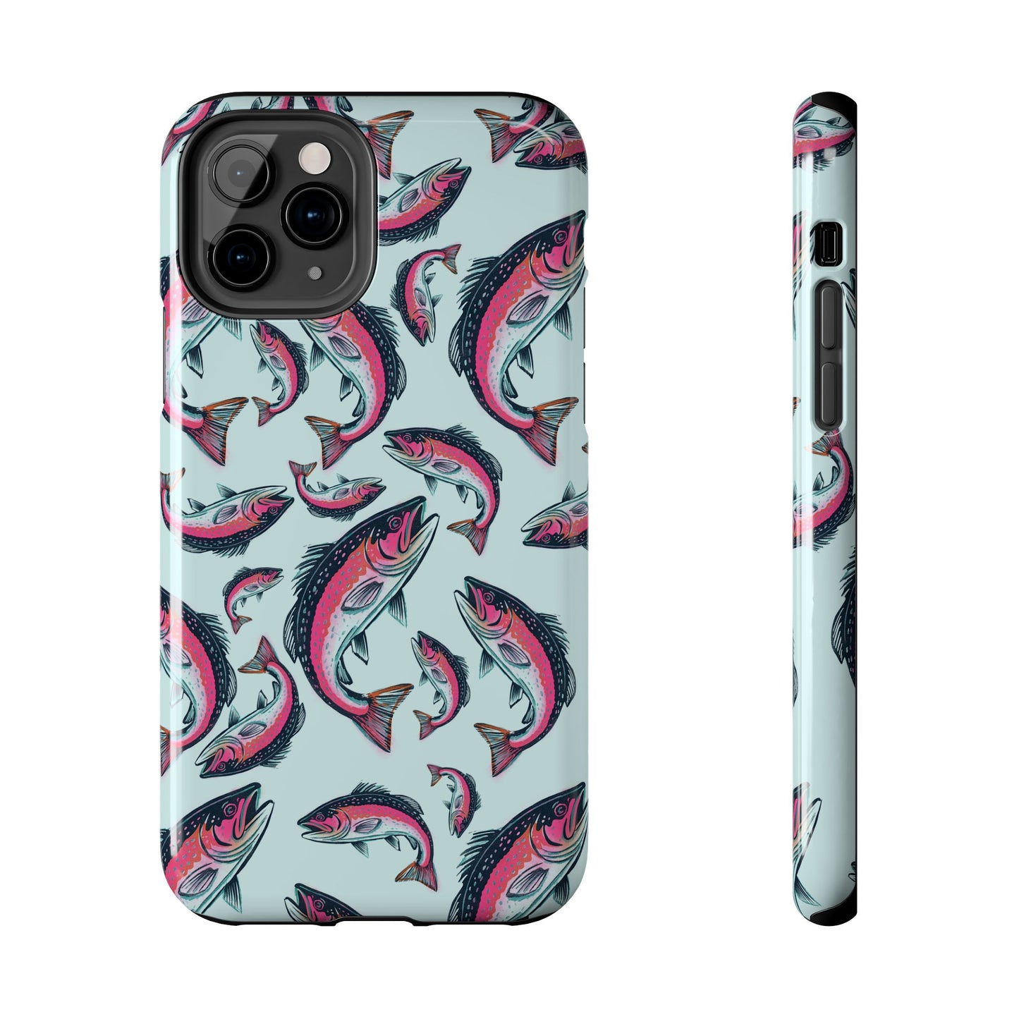 A colorful Rainbow Trout Pattern iPhone 11 Pro case showcasing an illustrated jumping trout by Jordan Kempain displayed on a white background.