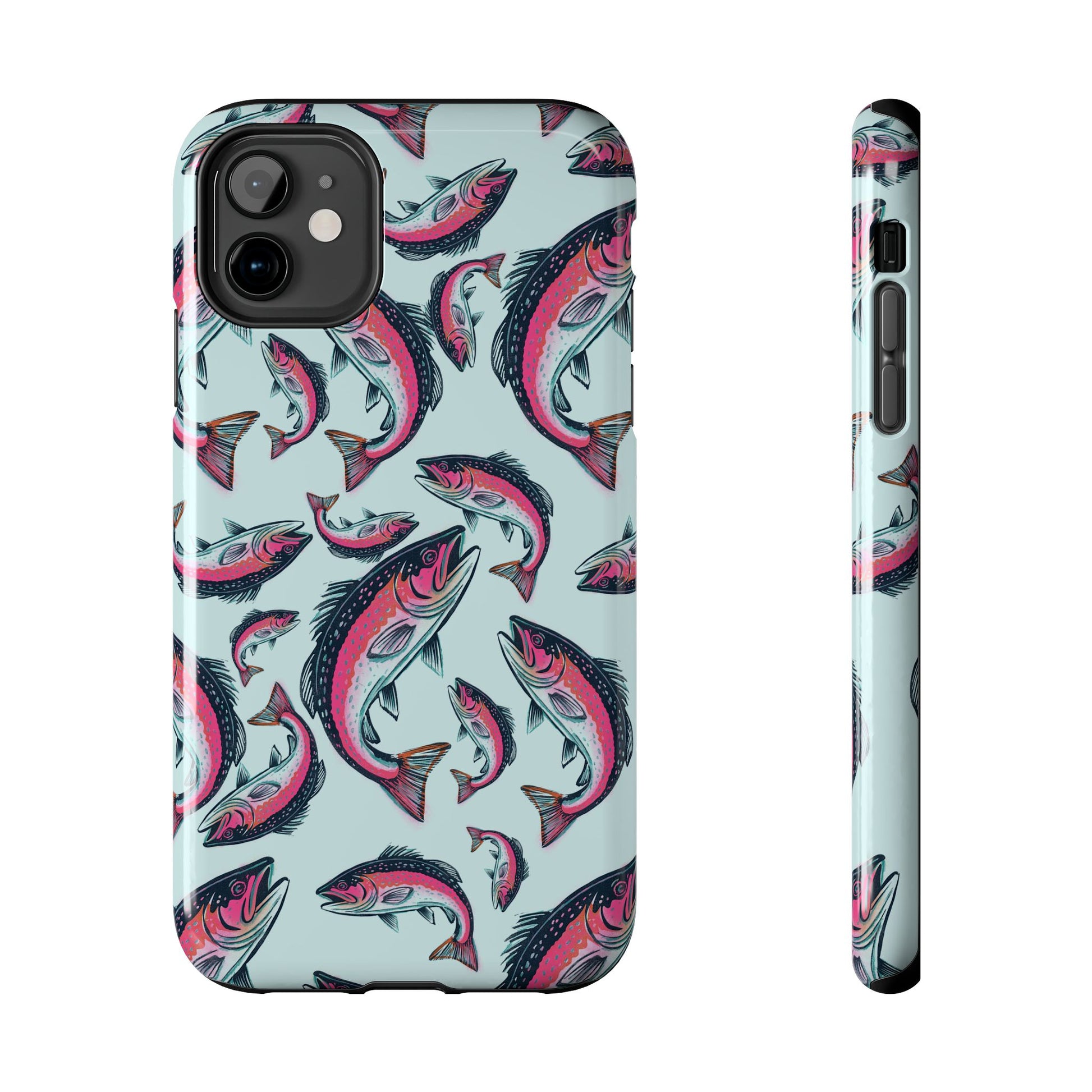 A colorful Rainbow Trout Pattern iPhone 11 case showcasing an illustrated jumping trout by Jordan Kempain displayed on a white background.