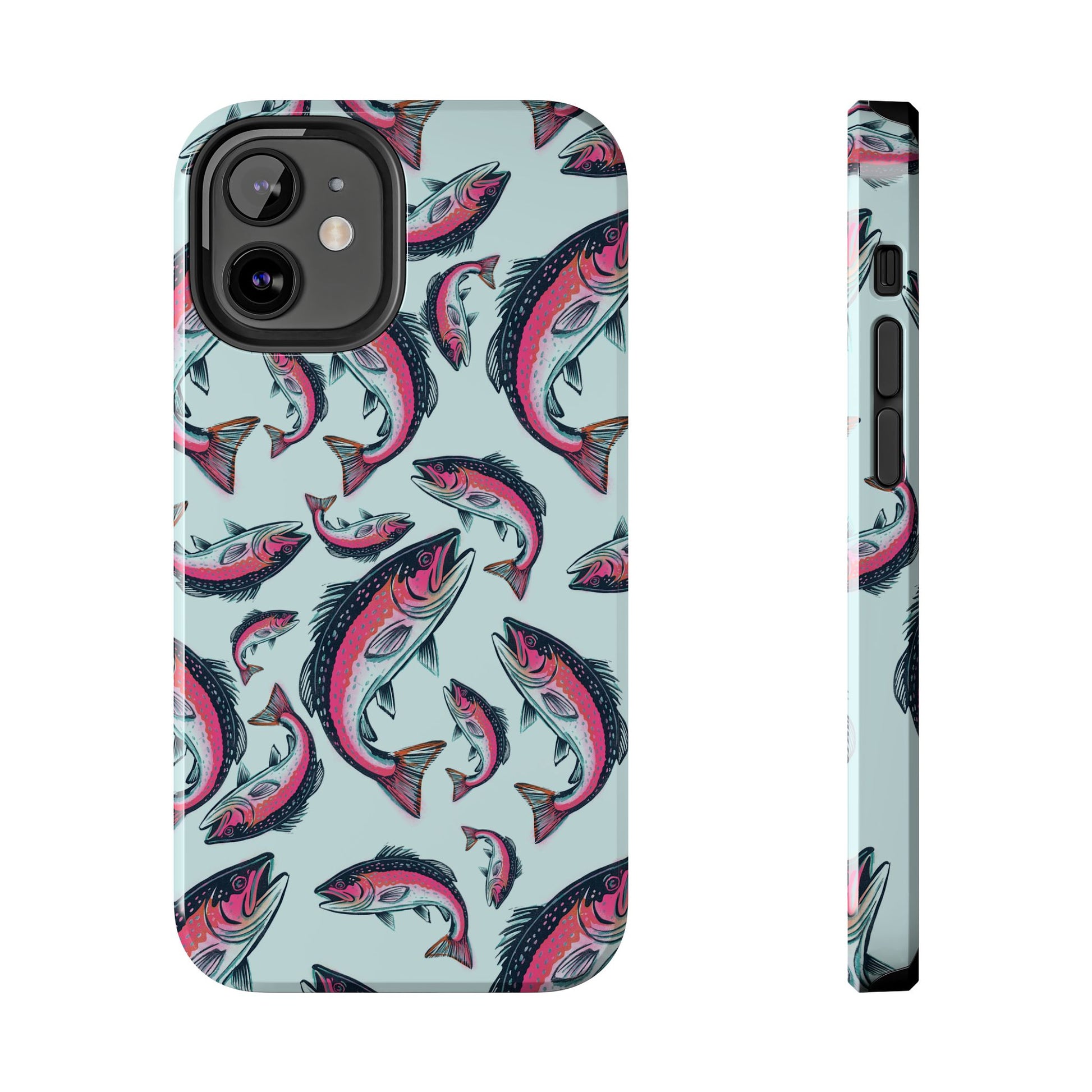 A colorful Rainbow Trout Pattern iPhone 12 Mini case showcasing an illustrated jumping trout by Jordan Kempain displayed on a white background.