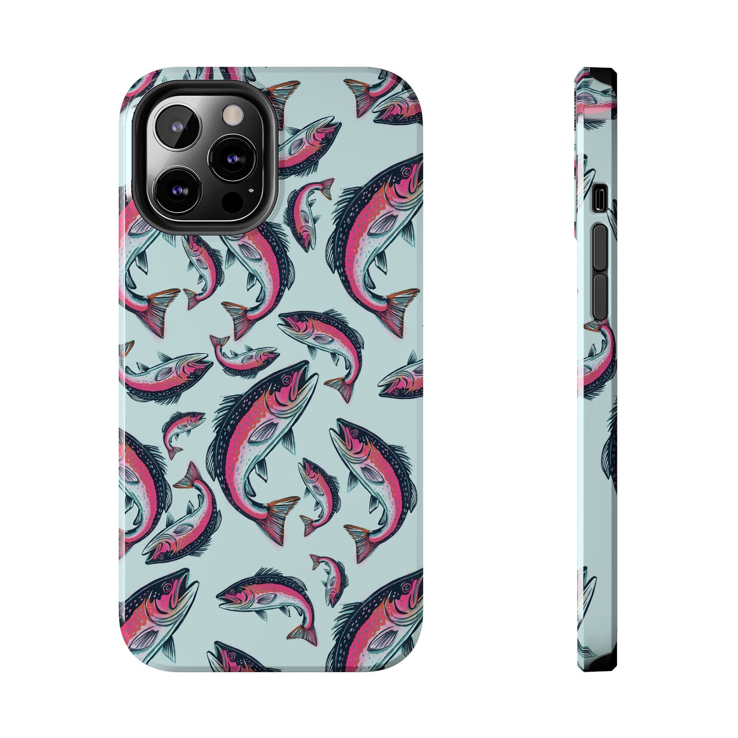 A colorful Rainbow Trout Pattern iPhone 12 Pro Max case showcasing an illustrated jumping trout by Jordan Kempain displayed on a white background.
