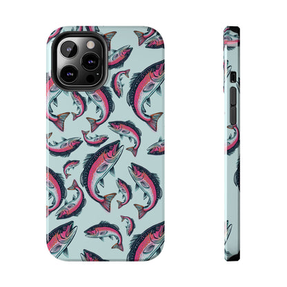 A colorful Rainbow Trout Pattern iPhone 12 Pro Max case showcasing an illustrated jumping trout by Jordan Kempain displayed on a white background.