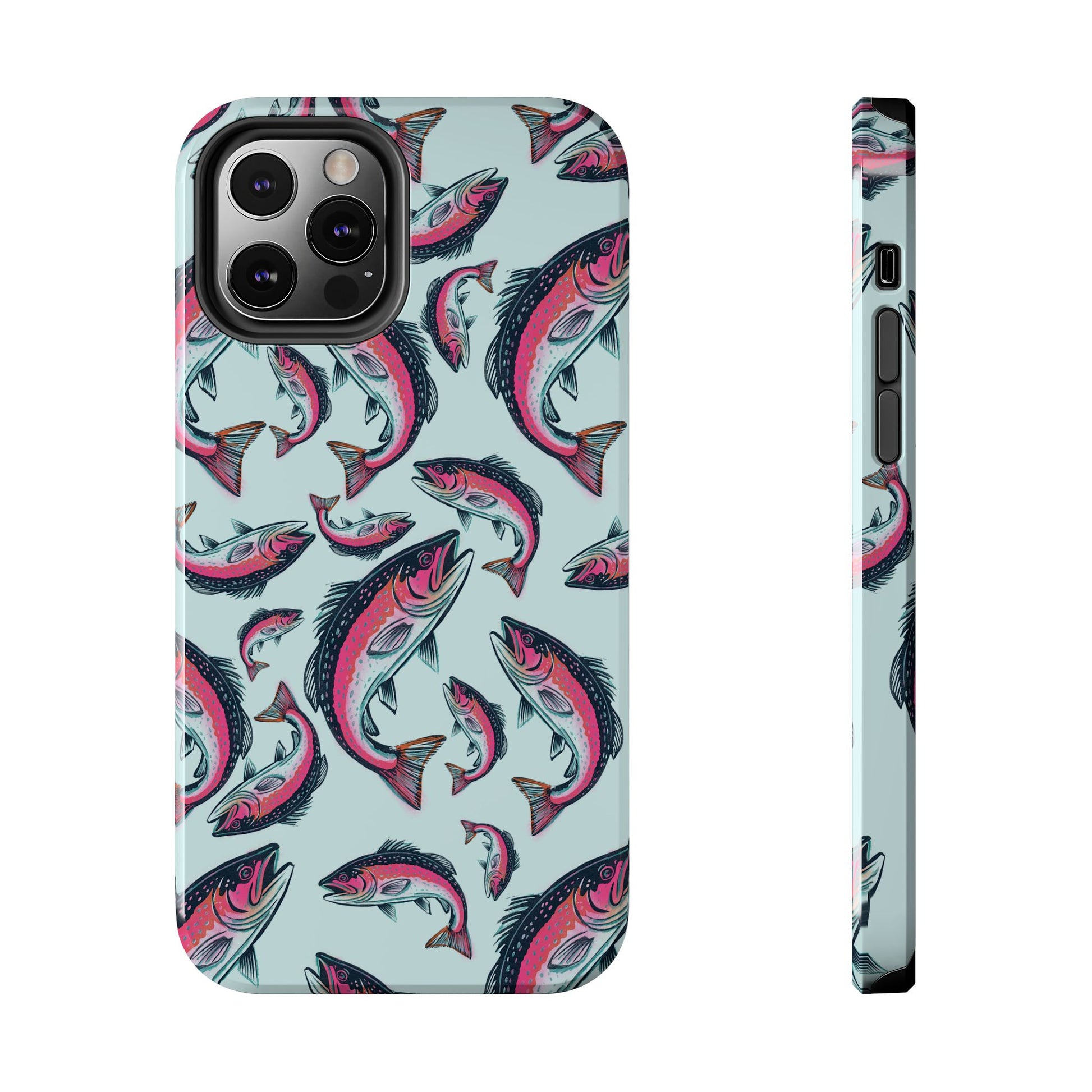 A colorful Rainbow Trout Pattern iPhone 12 Pro case showcasing an illustrated jumping trout by Jordan Kempain displayed on a white background.