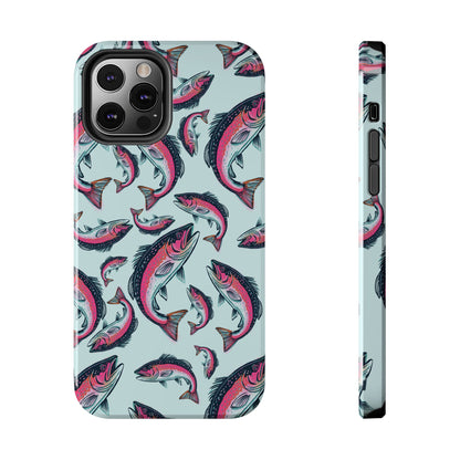 A colorful Rainbow Trout Pattern iPhone 12 Pro case showcasing an illustrated jumping trout by Jordan Kempain displayed on a white background.