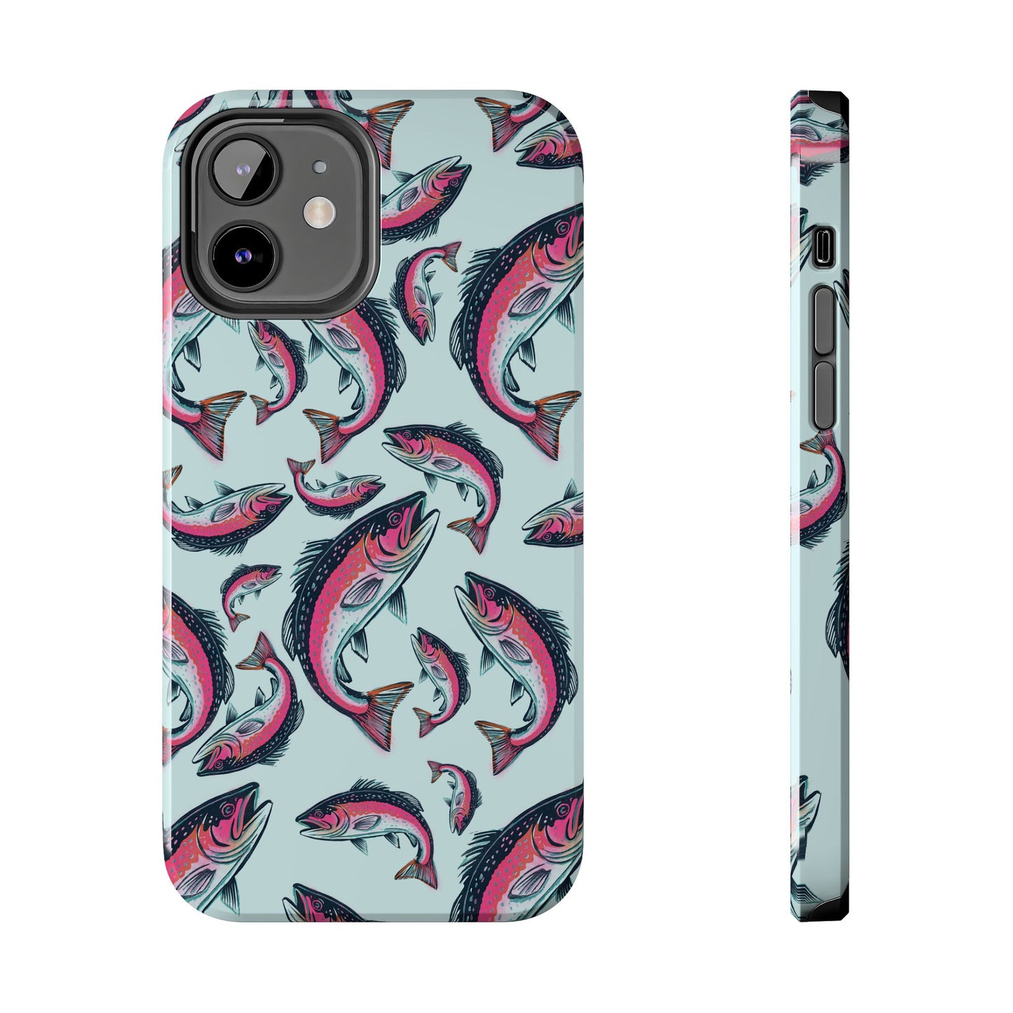 A colorful Rainbow Trout Pattern iPhone 12 case showcasing an illustrated jumping trout by Jordan Kempain displayed on a white background.