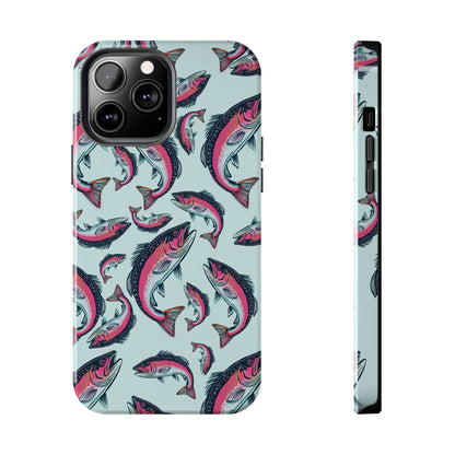 A colorful Rainbow Trout Pattern iPhone 13 Pro Max case showcasing an illustrated jumping trout by Jordan Kempain displayed on a white background.