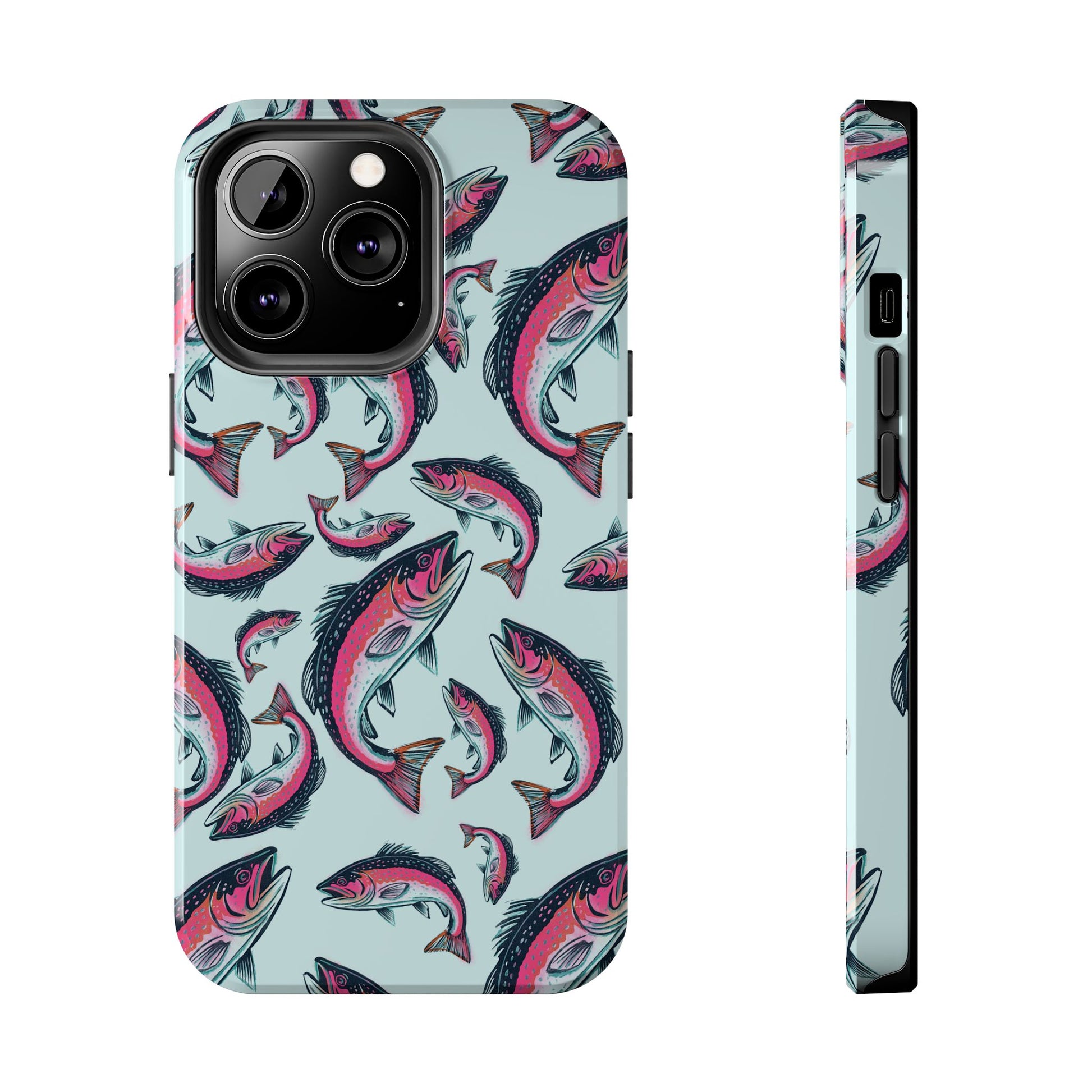 A colorful Rainbow Trout Pattern iPhone 13 Pro case showcasing an illustrated jumping trout by Jordan Kempain displayed on a white background.