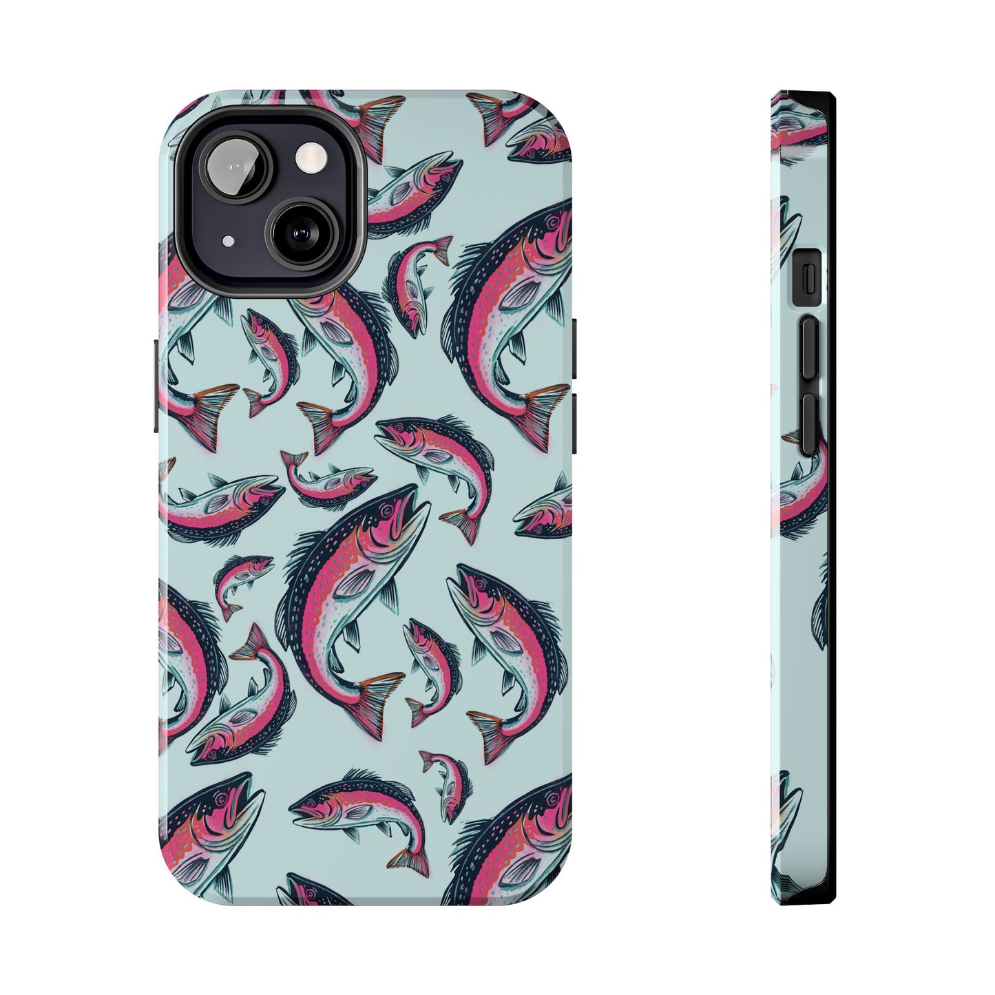 A colorful Rainbow Trout Pattern iPhone 13 case showcasing an illustrated jumping trout by Jordan Kempain displayed on a white background.