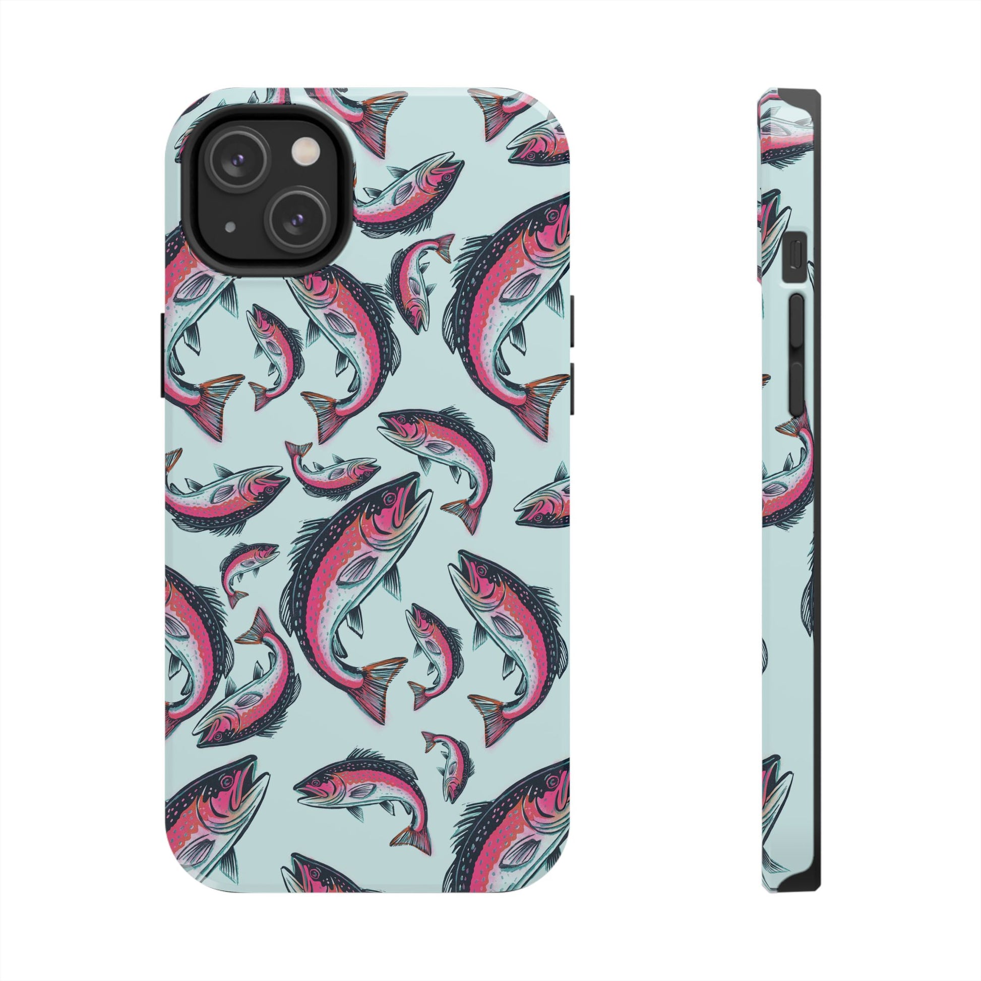 A colorful Rainbow Trout Pattern iPhone 14 Plus case showcasing an illustrated jumping trout by Jordan Kempain displayed on a white background.