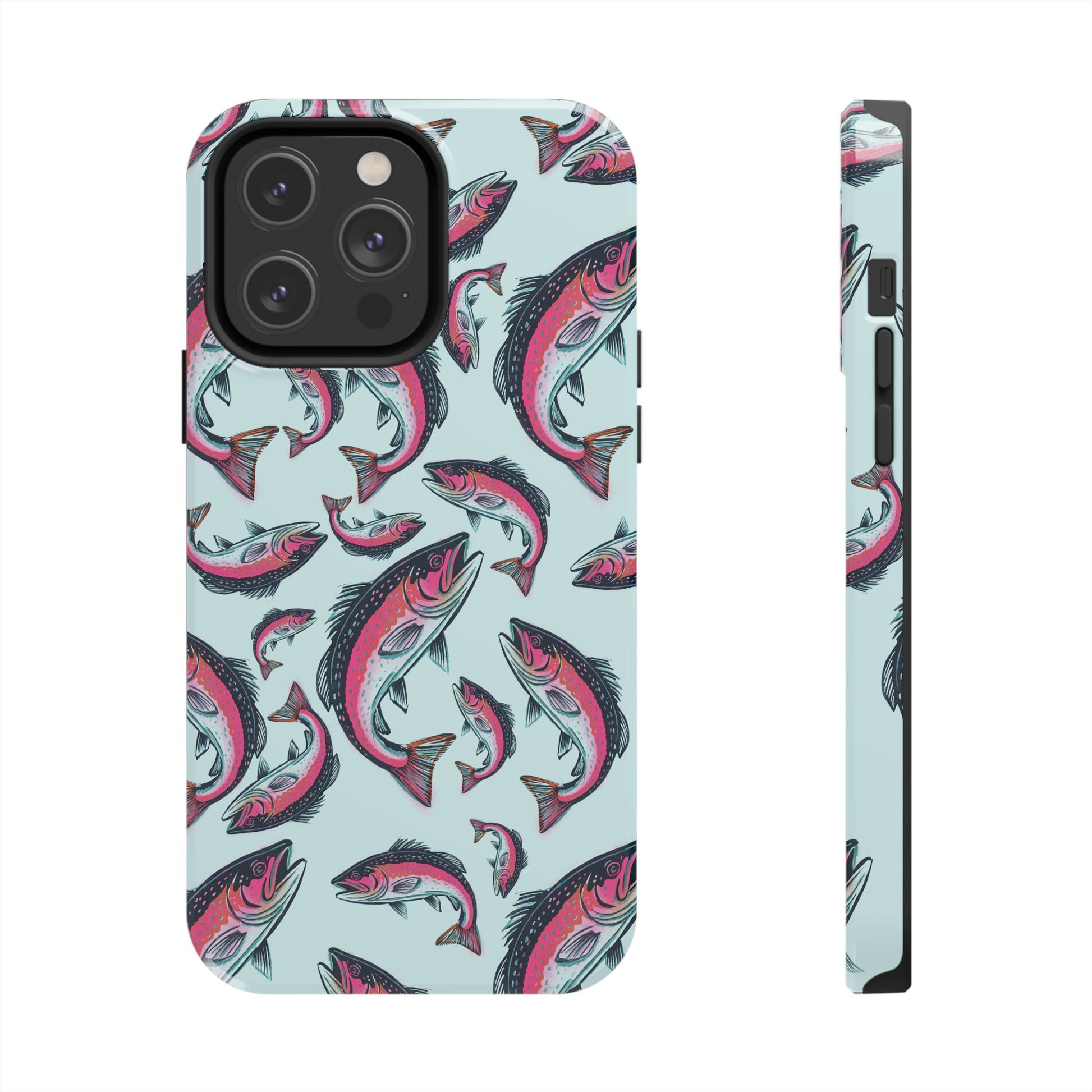 A colorful Rainbow Trout Pattern iPhone 14 Pro Max case showcasing an illustrated jumping trout by Jordan Kempain displayed on a white background.