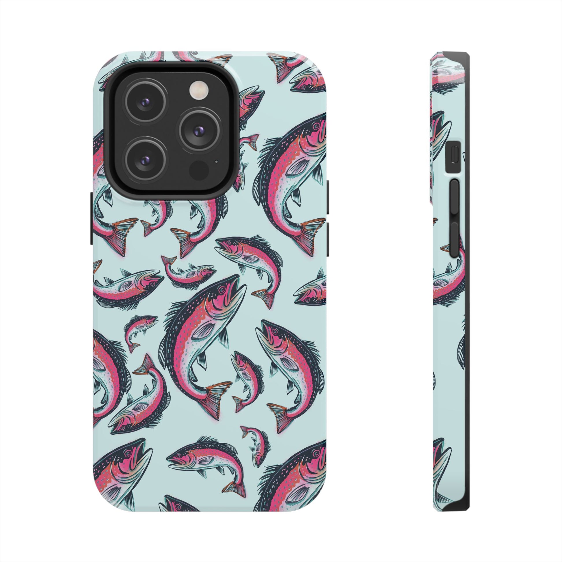 A colorful Rainbow Trout Pattern iPhone 14 Pro case showcasing an illustrated jumping trout by Jordan Kempain displayed on a white background.