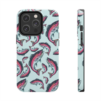 A colorful Rainbow Trout Pattern iPhone 14 Pro case showcasing an illustrated jumping trout by Jordan Kempain displayed on a white background.