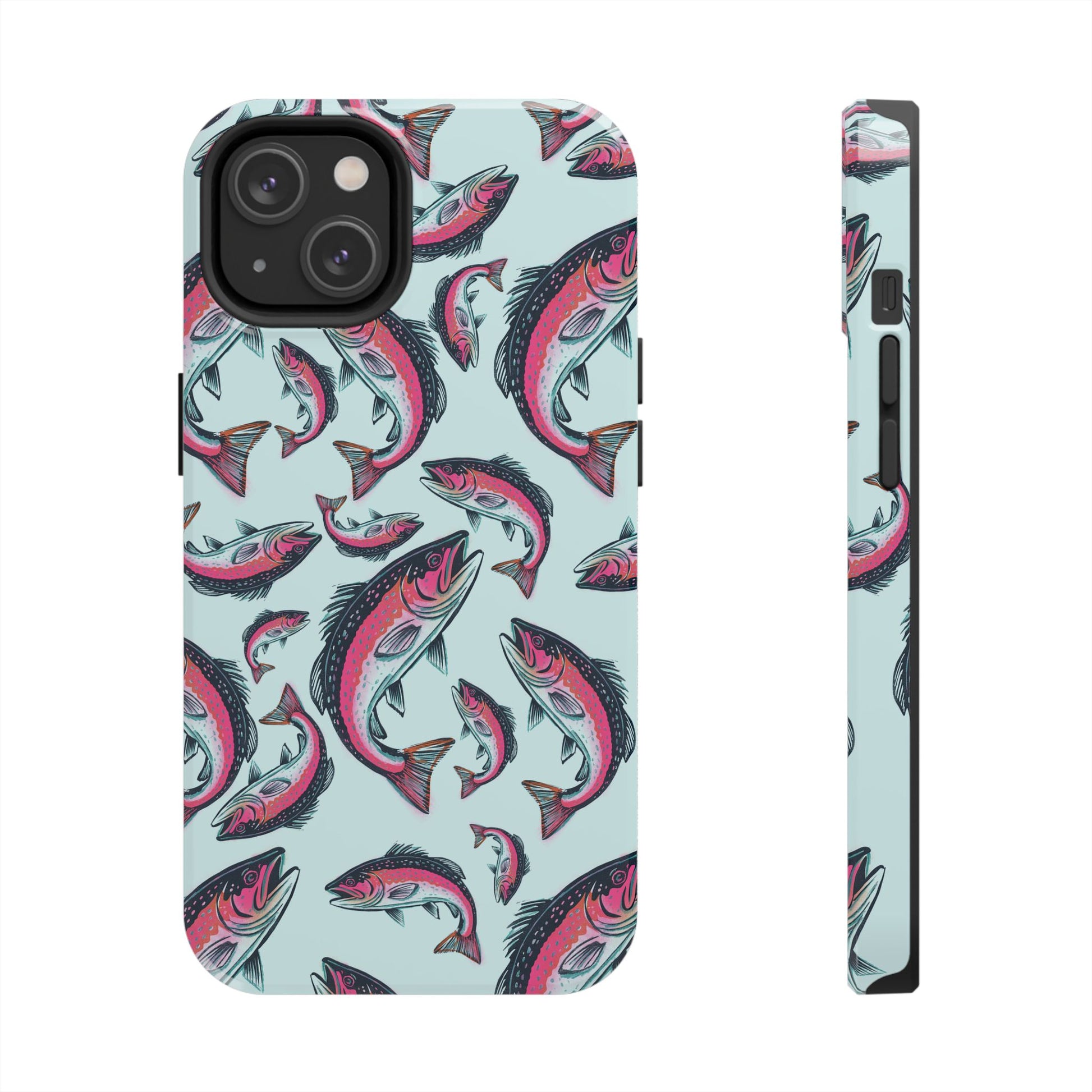 A colorful Rainbow Trout Pattern iPhone 14 case showcasing an illustrated jumping trout by Jordan Kempain displayed on a white background.