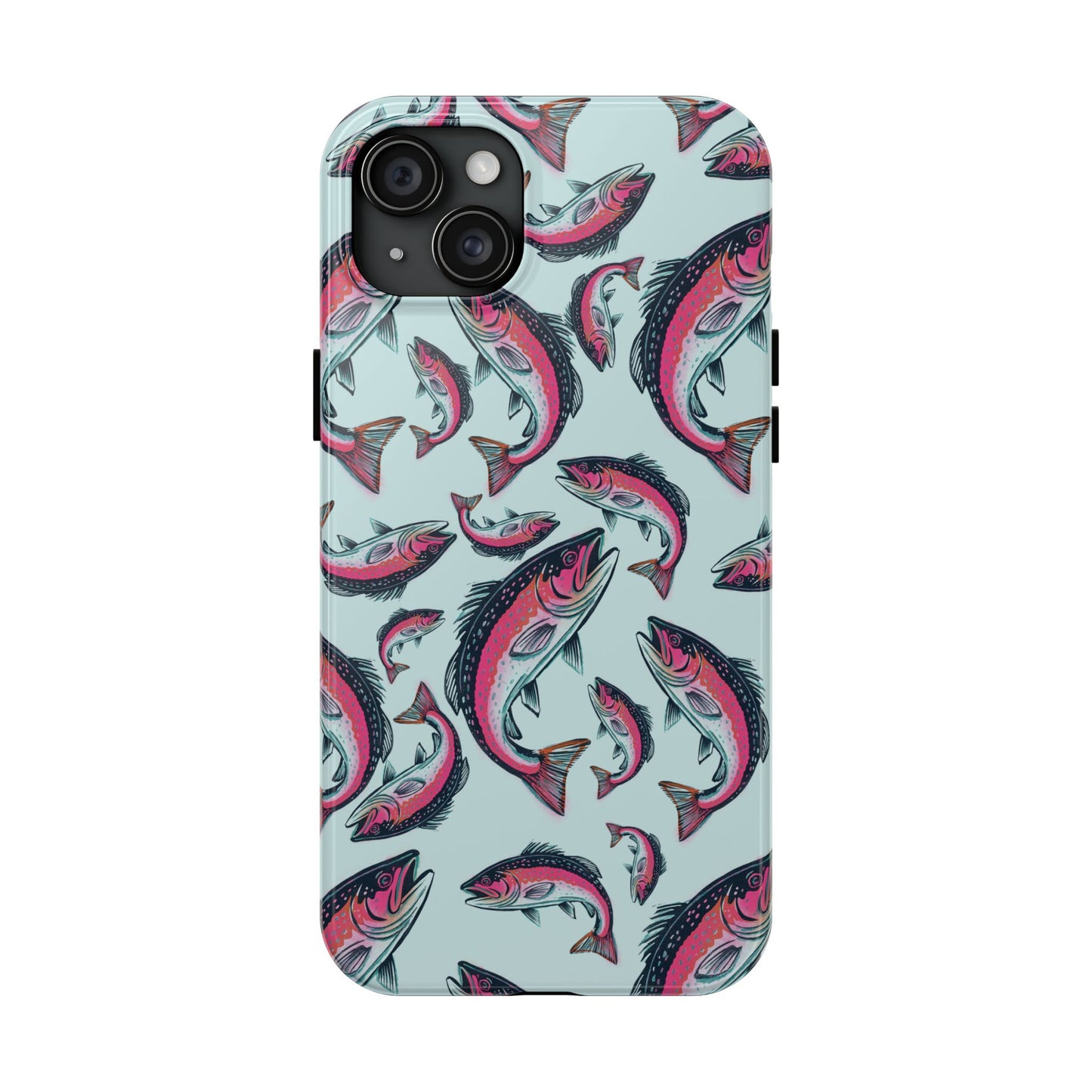 A colorful Rainbow Trout Pattern iPhone 15 Plus case showcasing an illustrated jumping trout by Jordan Kempain displayed on a white background.