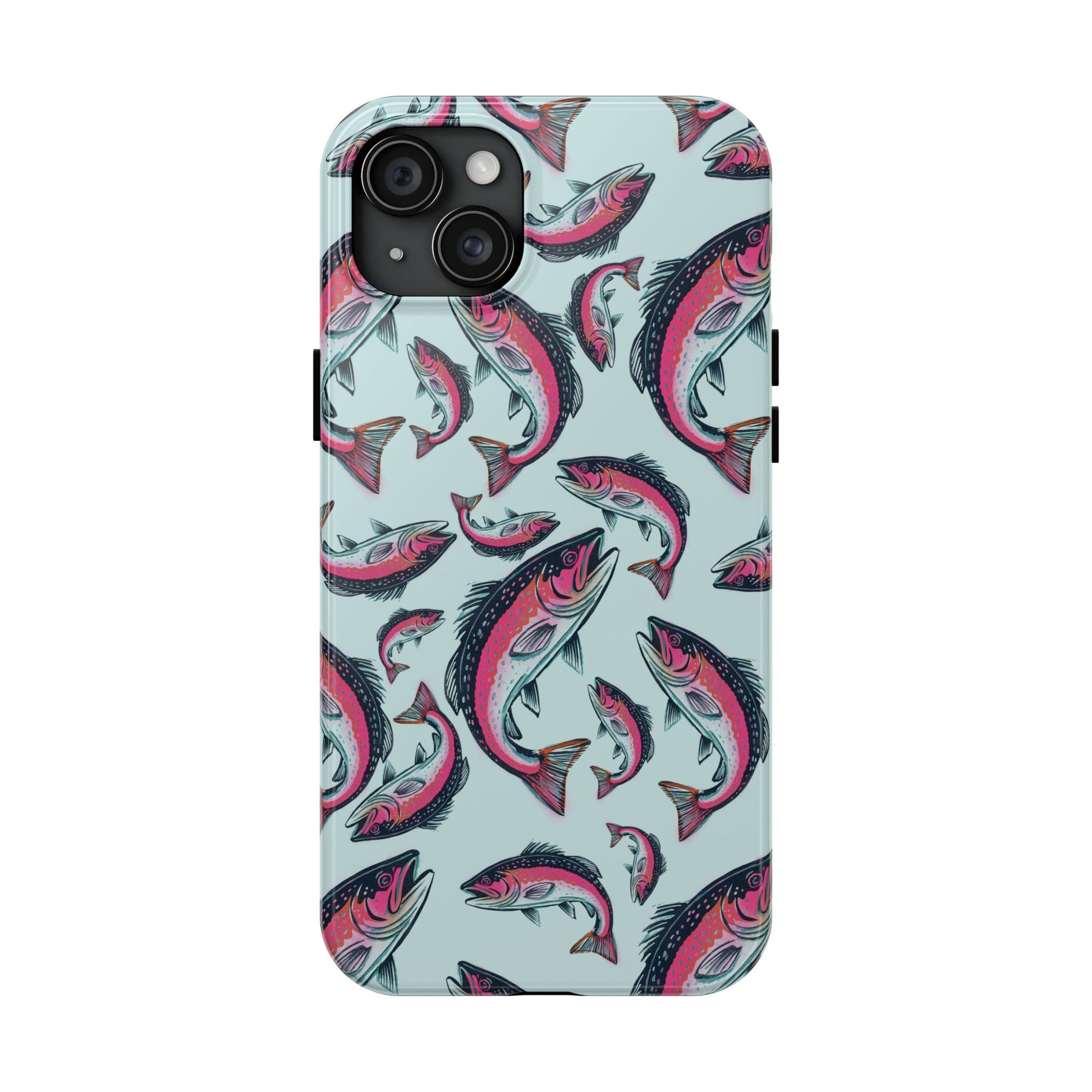 A colorful Rainbow Trout Pattern iPhone 15 Plus case showcasing an illustrated jumping trout by Jordan Kempain displayed on a white background.