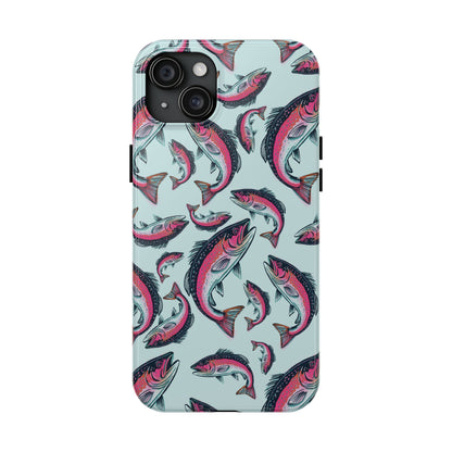 A colorful Rainbow Trout Pattern iPhone 15 Plus case showcasing an illustrated jumping trout by Jordan Kempain displayed on a white background.
