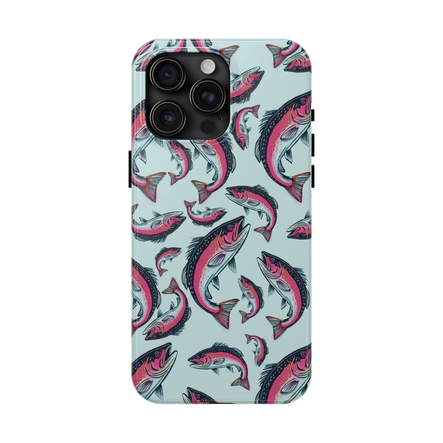 A colorful Rainbow Trout Pattern iPhone 15 Pro Max case showcasing an illustrated jumping trout by Jordan Kempain displayed on a white background.
