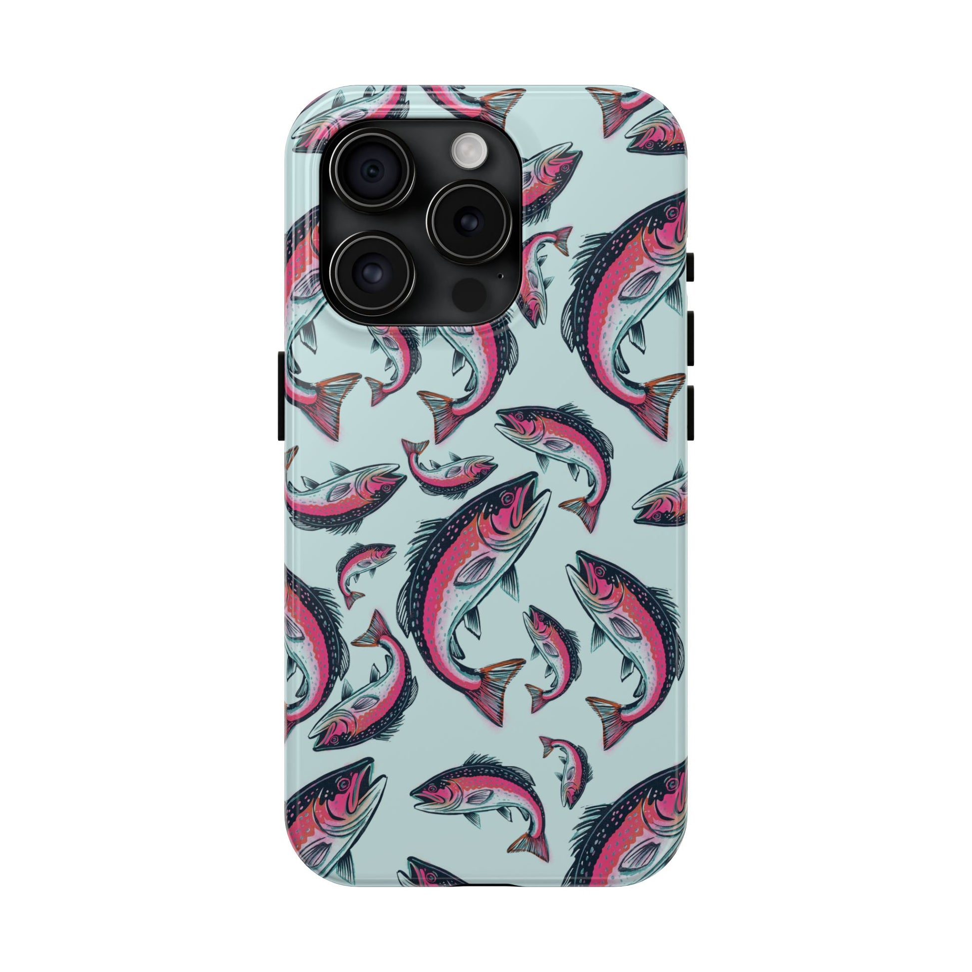 A colorful Rainbow Trout Pattern iPhone 15 Pro case showcasing an illustrated jumping trout by Jordan Kempain displayed on a white background.