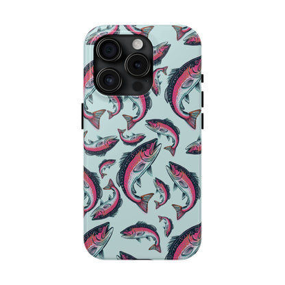 A colorful Rainbow Trout Pattern iPhone 15 Pro case showcasing an illustrated jumping trout by Jordan Kempain displayed on a white background.