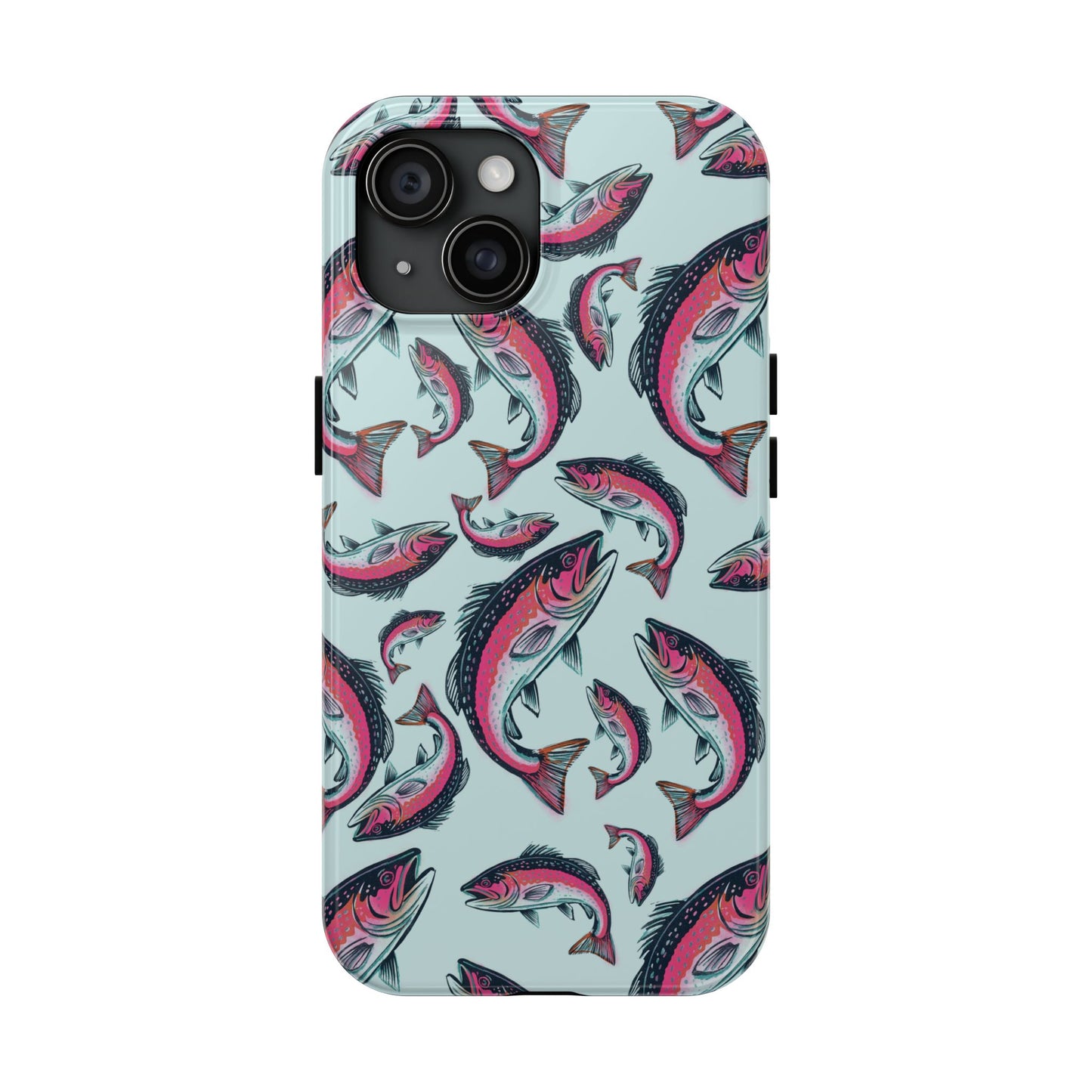 A colorful Rainbow Trout Pattern iPhone 15 case showcasing an illustrated jumping trout by Jordan Kempain displayed on a white background.