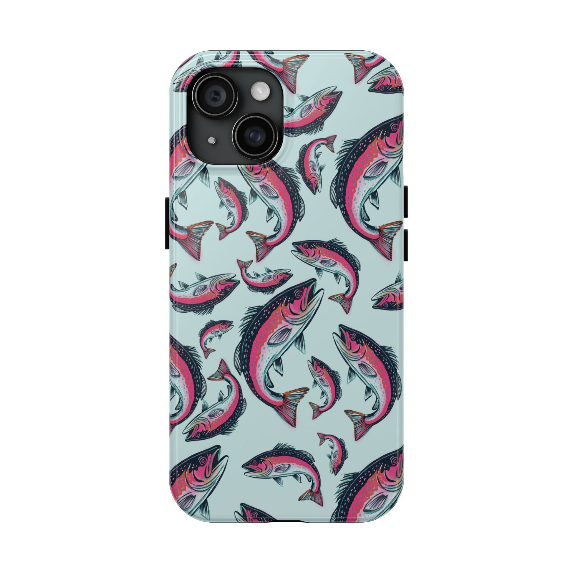 A colorful Rainbow Trout Pattern iPhone 15 case showcasing an illustrated jumping trout by Jordan Kempain displayed on a white background.