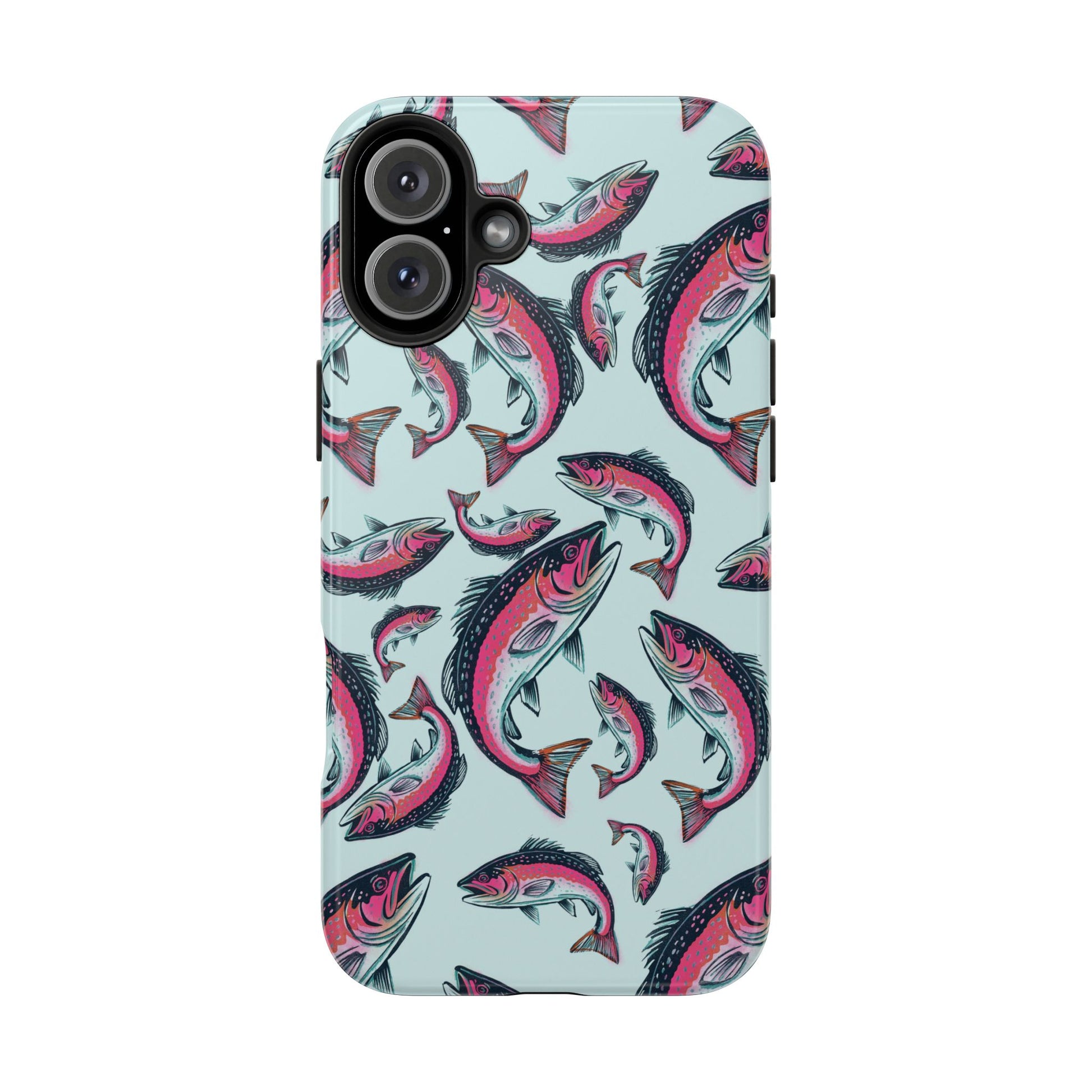 A colorful Rainbow Trout Pattern iPhone 16 Plus case showcasing an illustrated jumping trout by Jordan Kempain displayed on a white background.