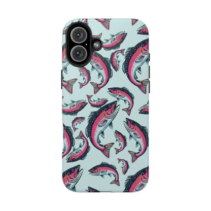 A colorful Rainbow Trout Pattern iPhone 16 Plus case showcasing an illustrated jumping trout by Jordan Kempain displayed on a white background.