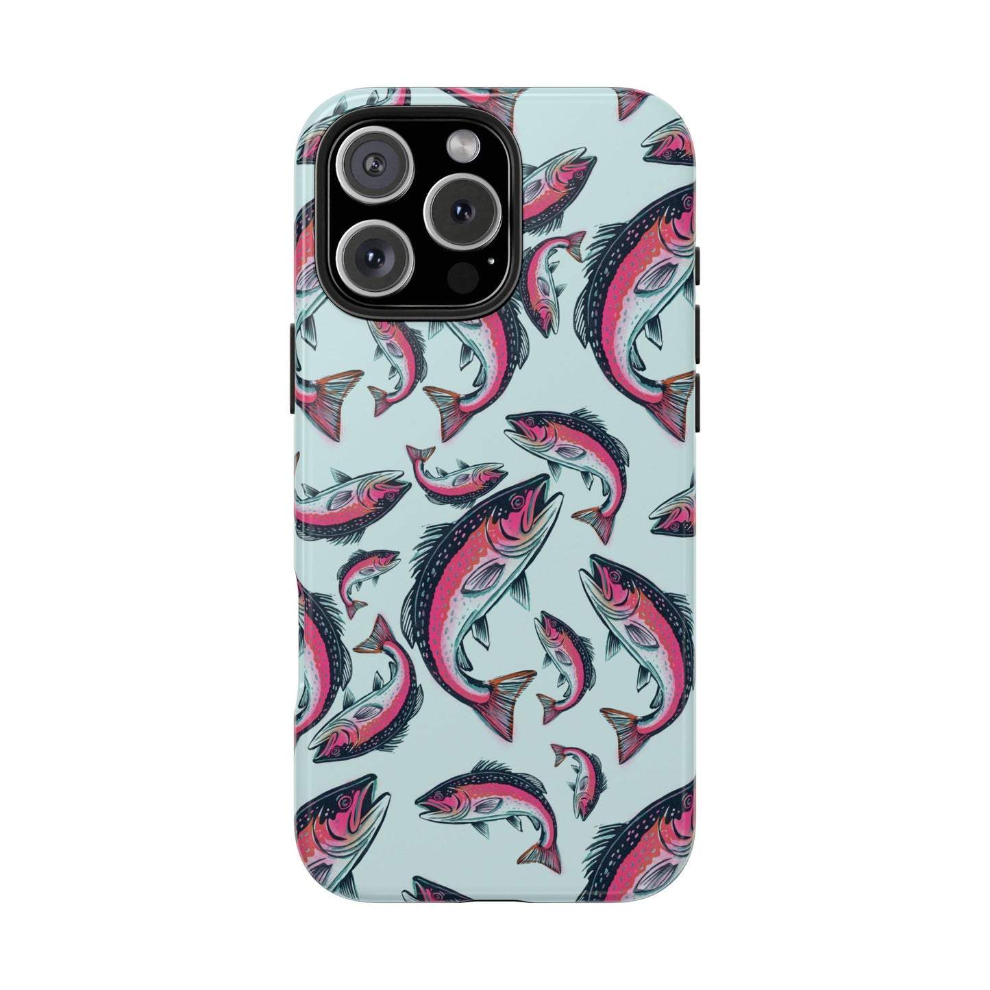 A colorful Rainbow Trout Pattern iPhone 16 Pro Max case showcasing an illustrated jumping trout by Jordan Kempain displayed on a white background.