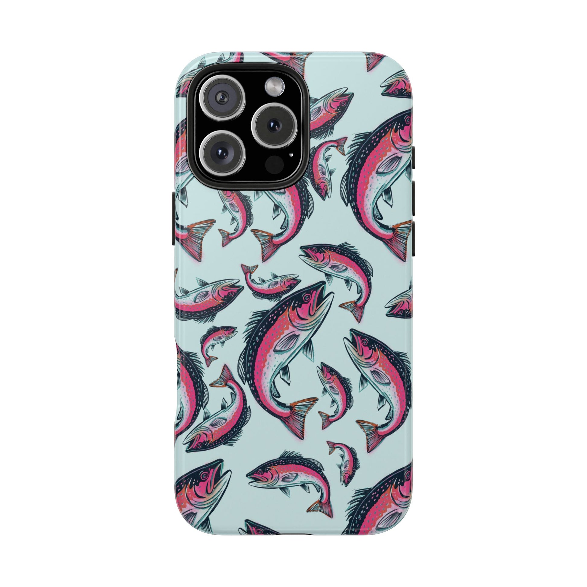 A colorful Rainbow Trout Pattern iPhone 16 Pro Max case showcasing an illustrated jumping trout by Jordan Kempain displayed on a white background.