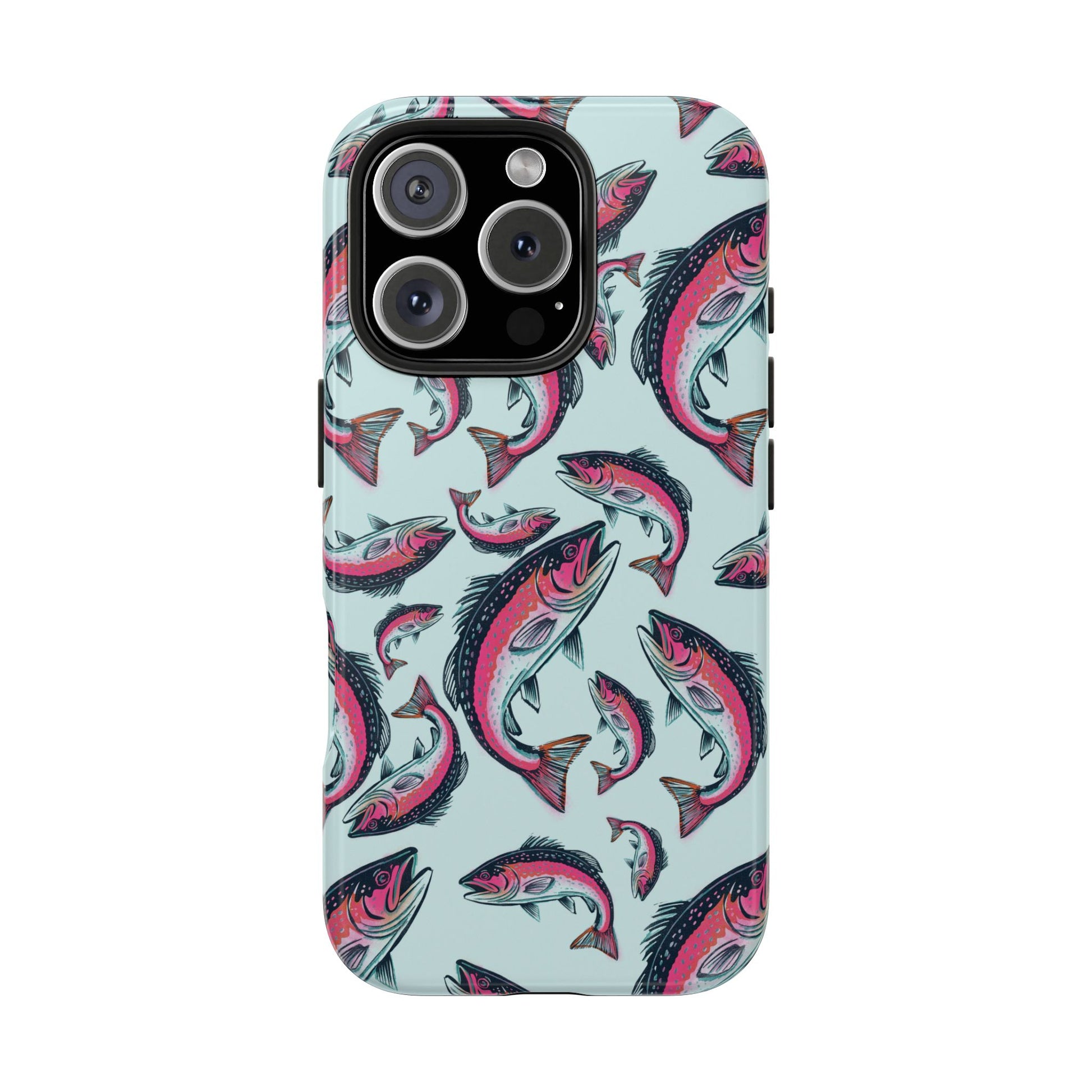 A colorful Rainbow Trout Pattern iPhone 16 Pro case showcasing an illustrated jumping trout by Jordan Kempain displayed on a white background.