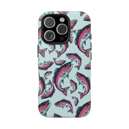 A colorful Rainbow Trout Pattern iPhone 16 Pro case showcasing an illustrated jumping trout by Jordan Kempain displayed on a white background.