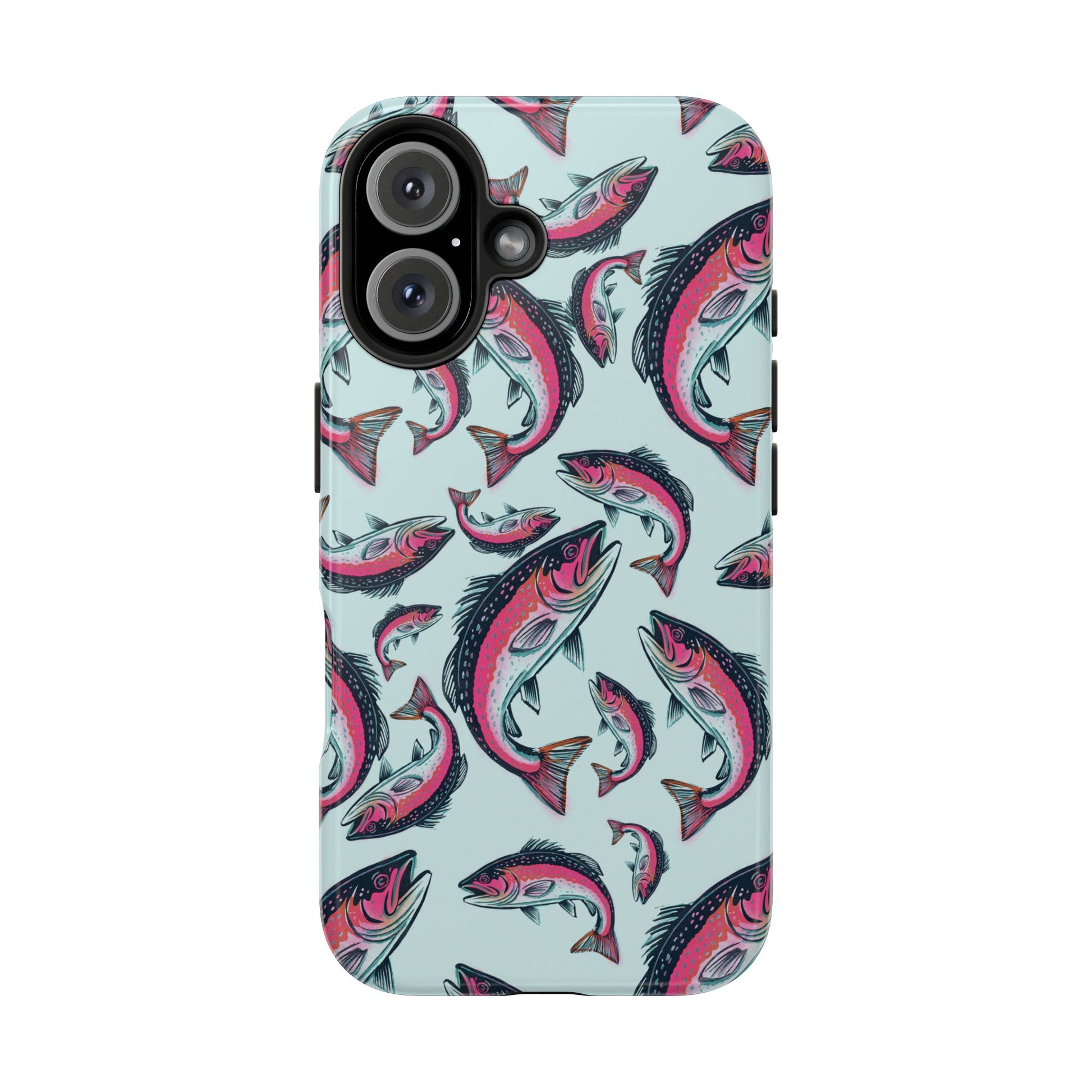 A colorful Rainbow Trout Pattern iPhone 16 case showcasing an illustrated jumping trout by Jordan Kempain displayed on a white background.