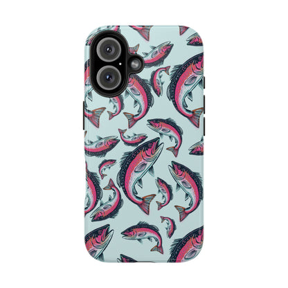 A colorful Rainbow Trout Pattern iPhone 16 case showcasing an illustrated jumping trout by Jordan Kempain displayed on a white background.