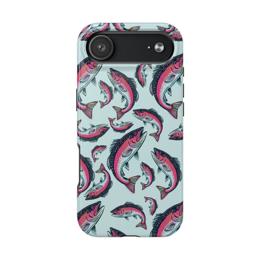 A colorful Rainbow Trout Pattern iPhone 17 Air case showcasing an illustrated jumping trout by Jordan Kempain displayed on a white background.