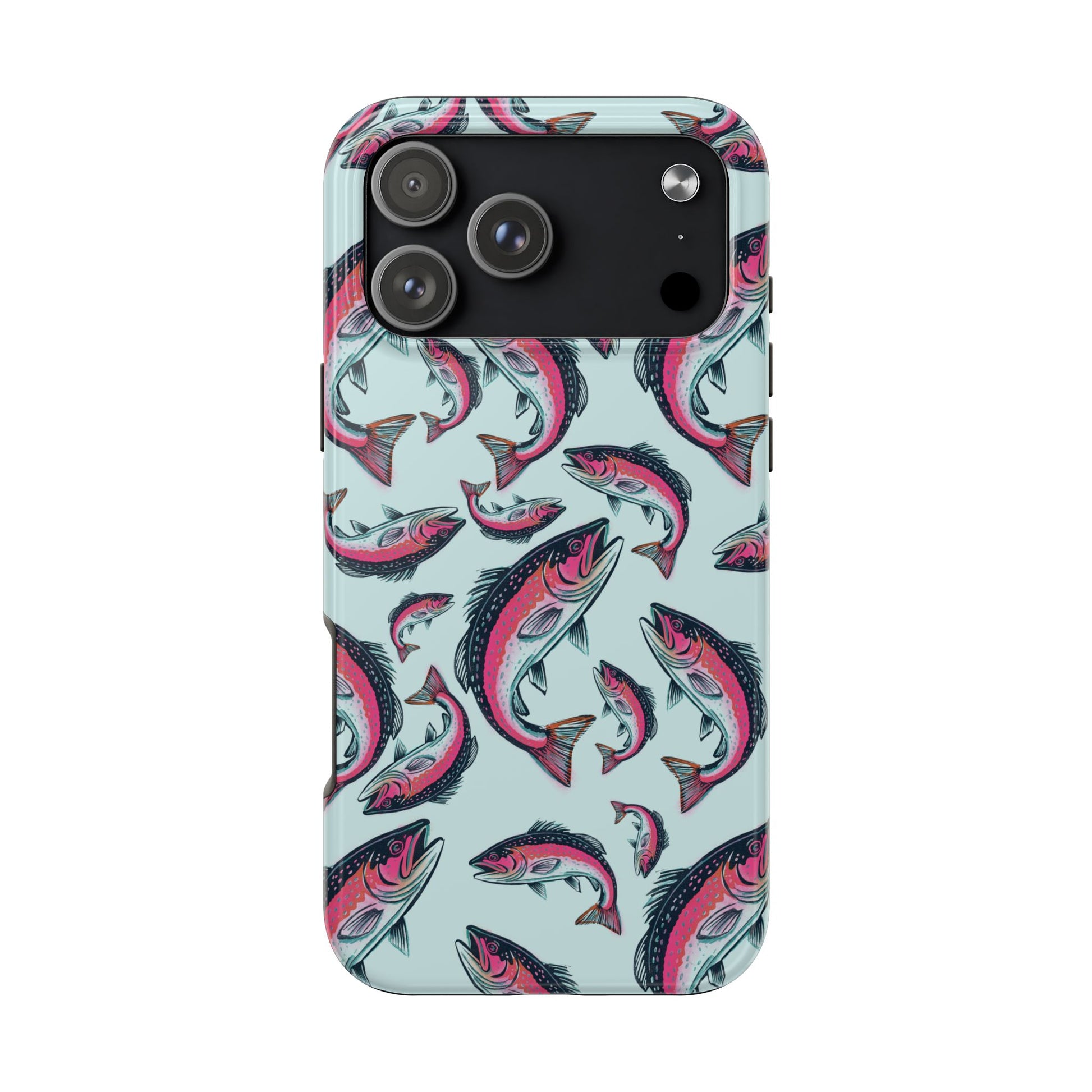 A colorful Rainbow Trout Pattern iPhone 17 Pro Max case showcasing an illustrated jumping trout by Jordan Kempain displayed on a white background.