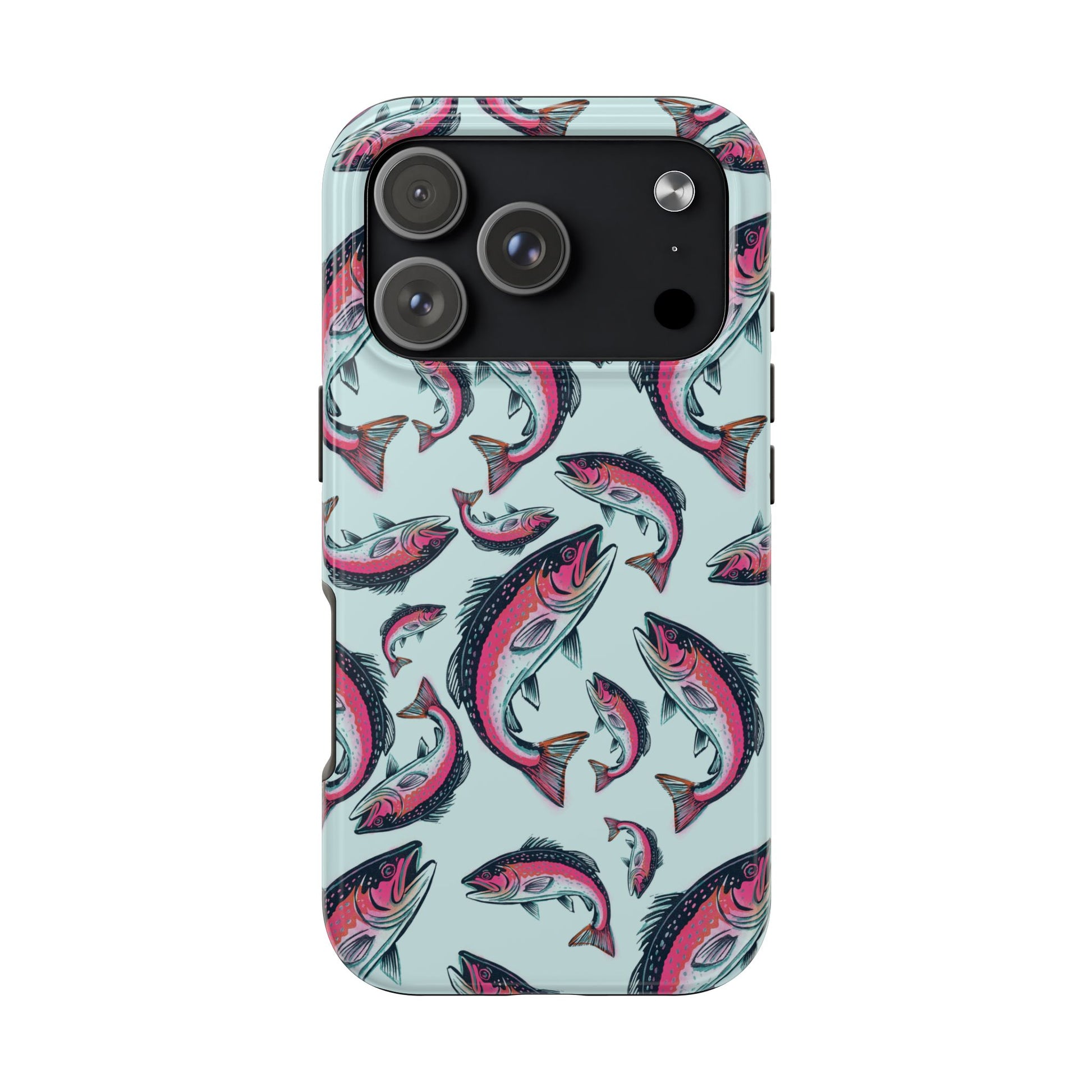 A colorful Rainbow Trout Pattern iPhone 17 Pro case showcasing an illustrated jumping trout by Jordan Kempain displayed on a white background.