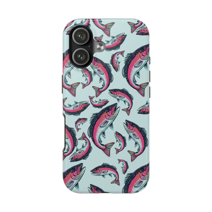 A colorful Rainbow Trout Pattern iPhone 17 case showcasing an illustrated jumping trout by Jordan Kempain displayed on a white background.