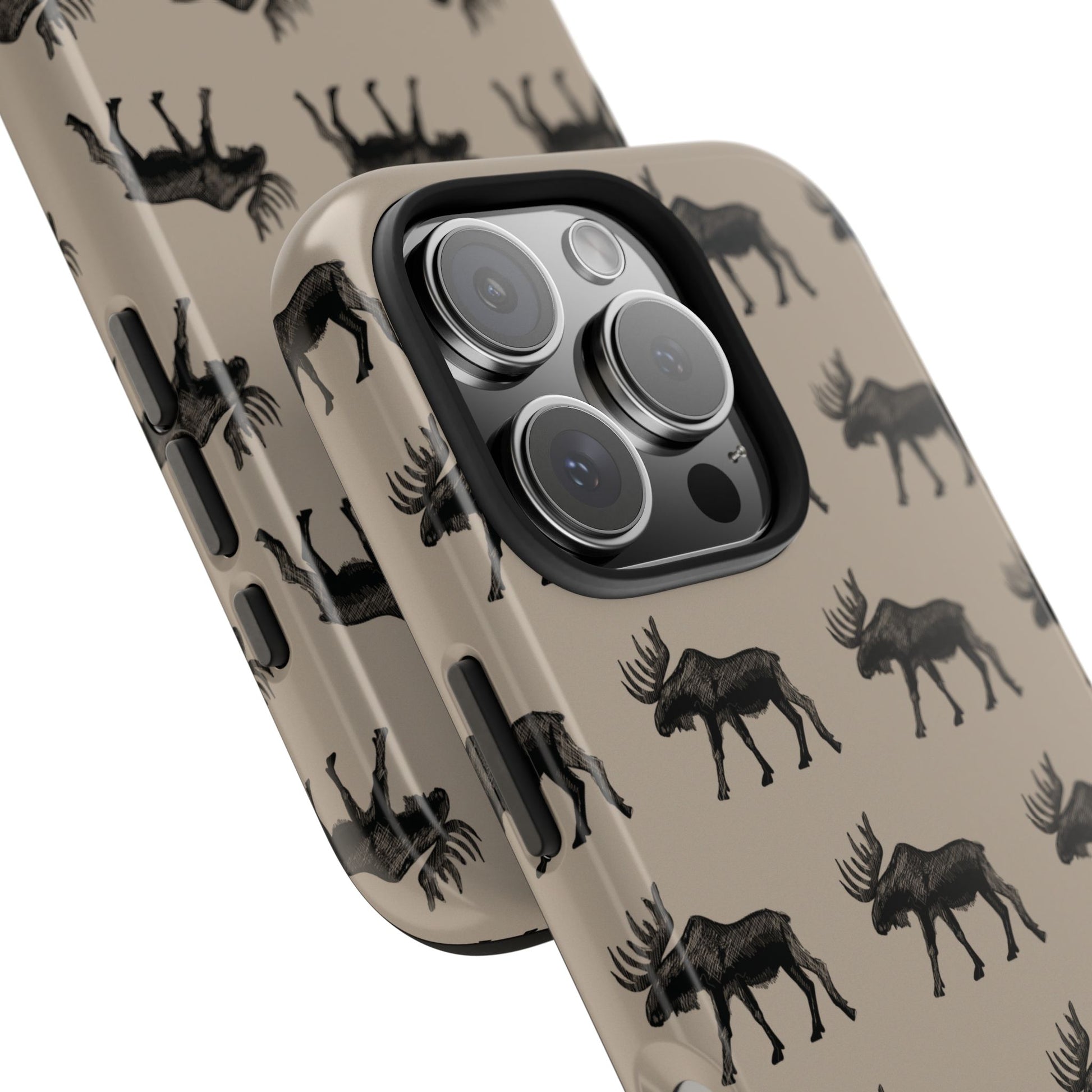Close up view of iPhone case on a white background featuring a moose pattern. Perfect for those who love the outdoors and moose country. 