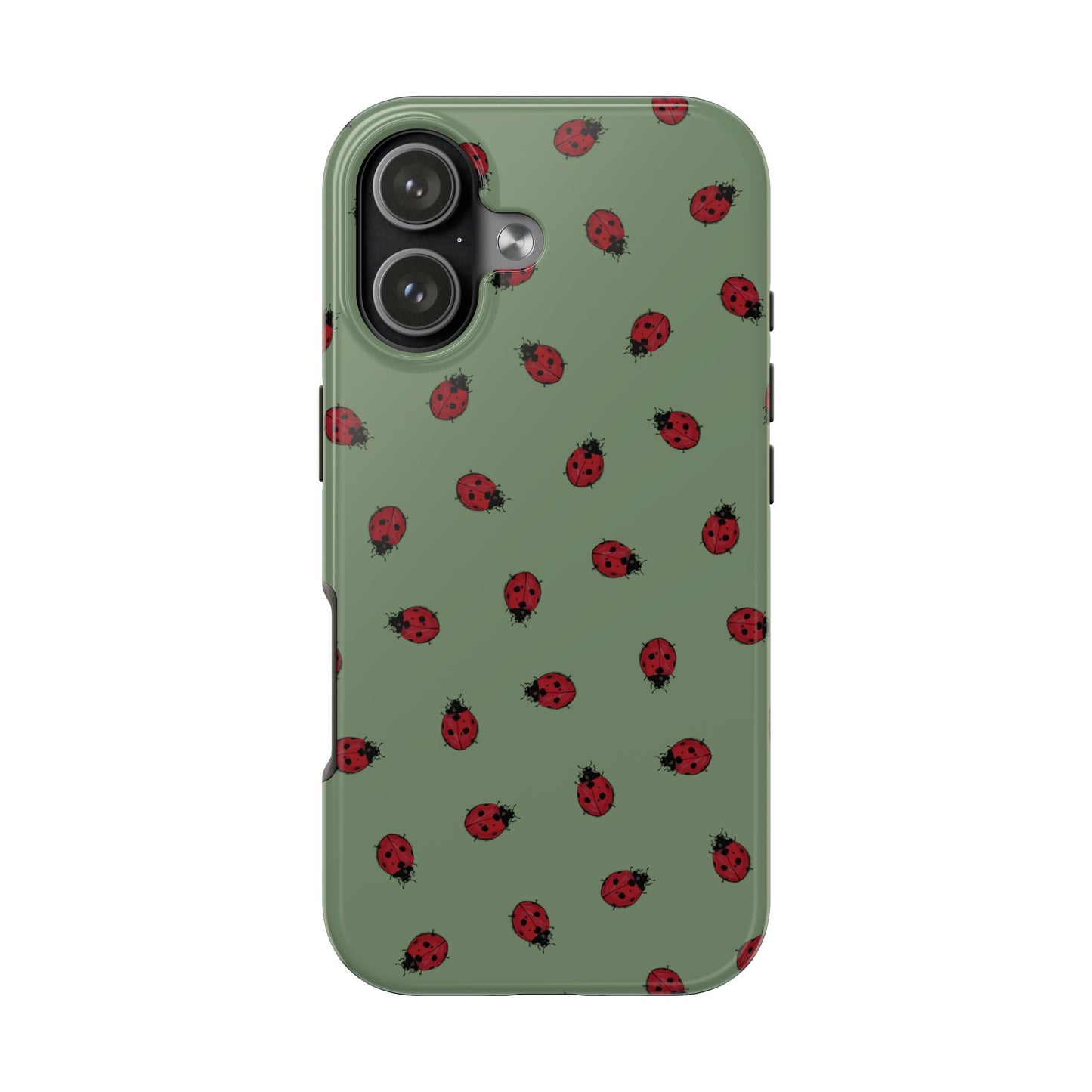 Phone case with ladybug pattern on a green background