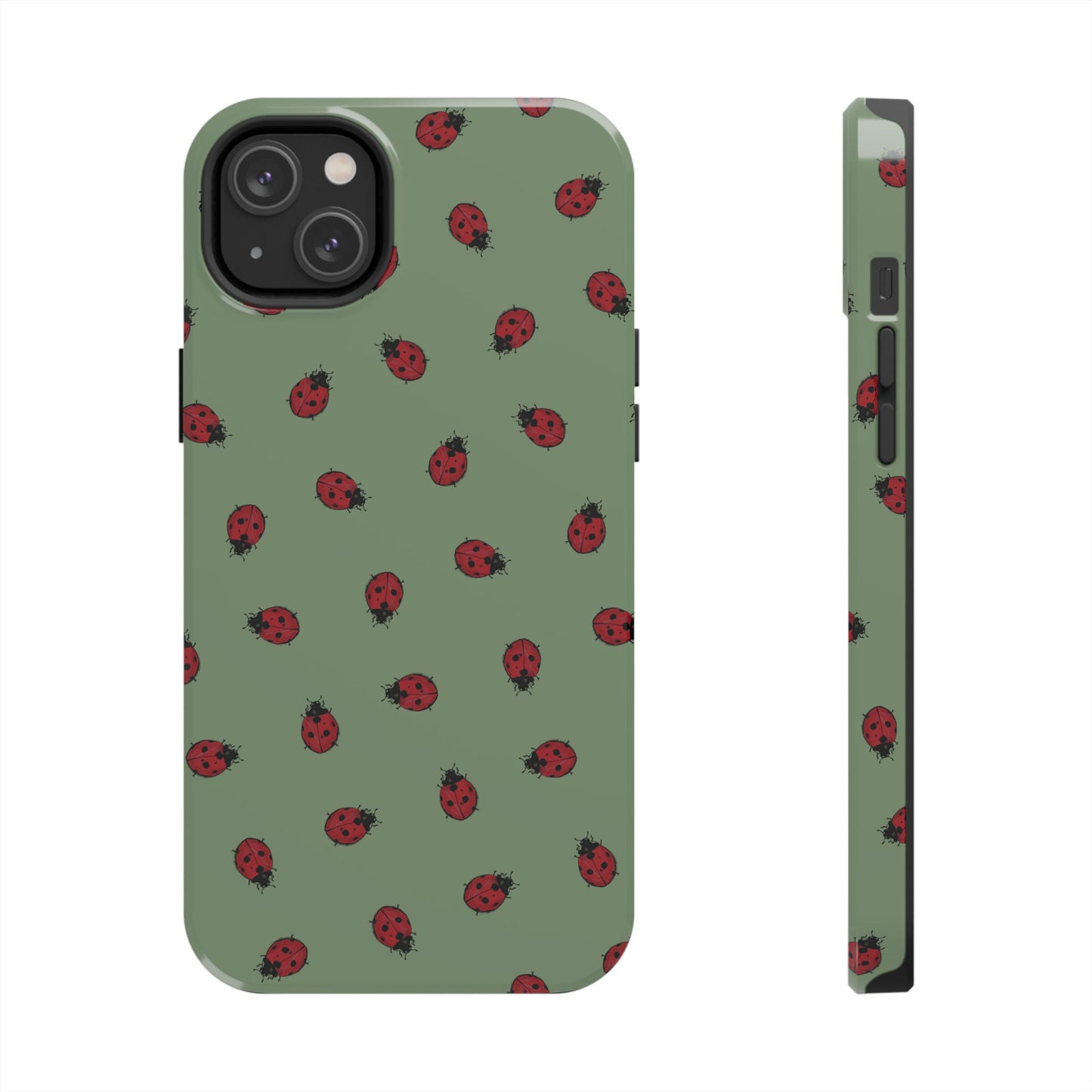Phone case with ladybug pattern on a green background