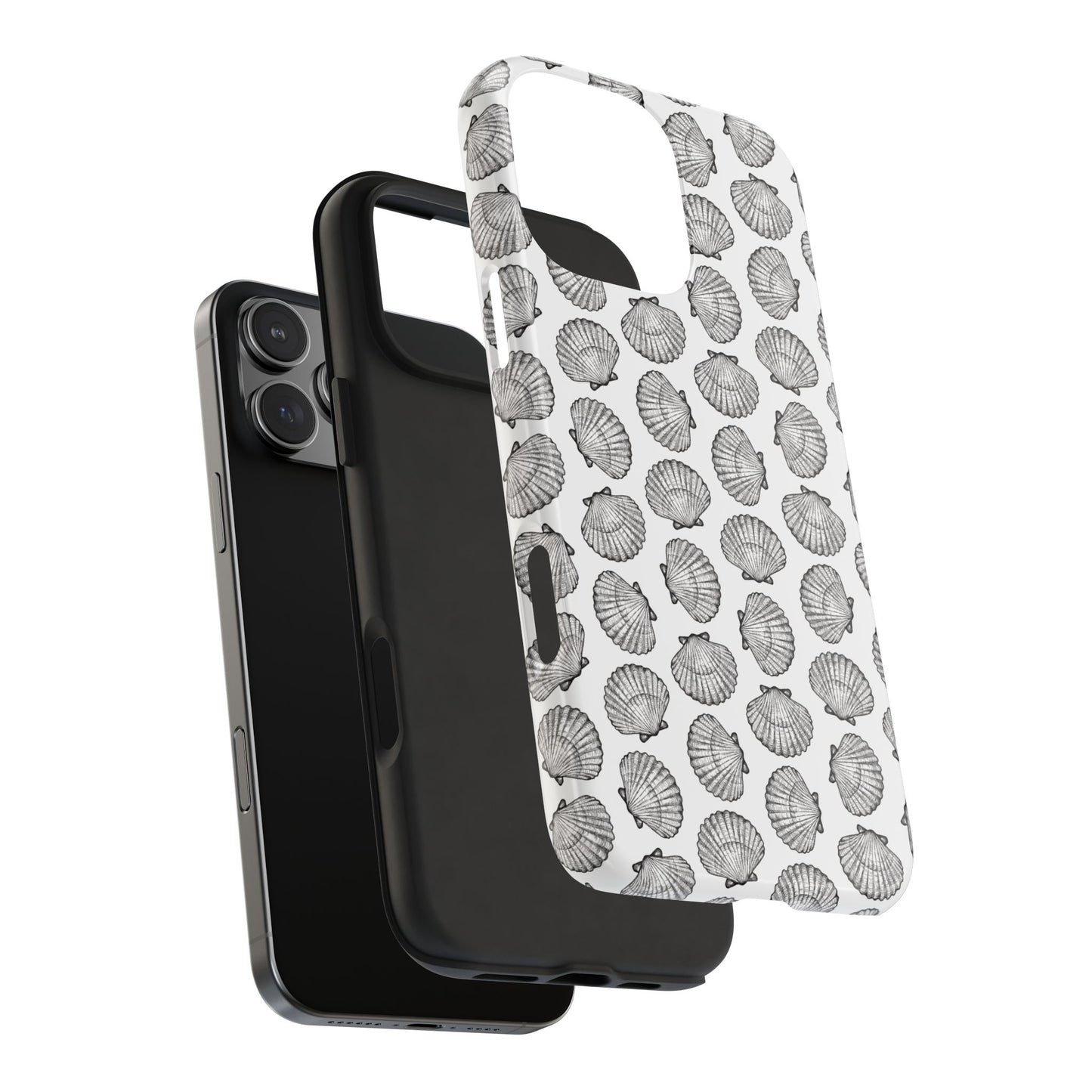 Exploded view of Irish Flat Scallop Shell Phone Case showing the tough outer shell and inner rubber liner for dual-layer protection.