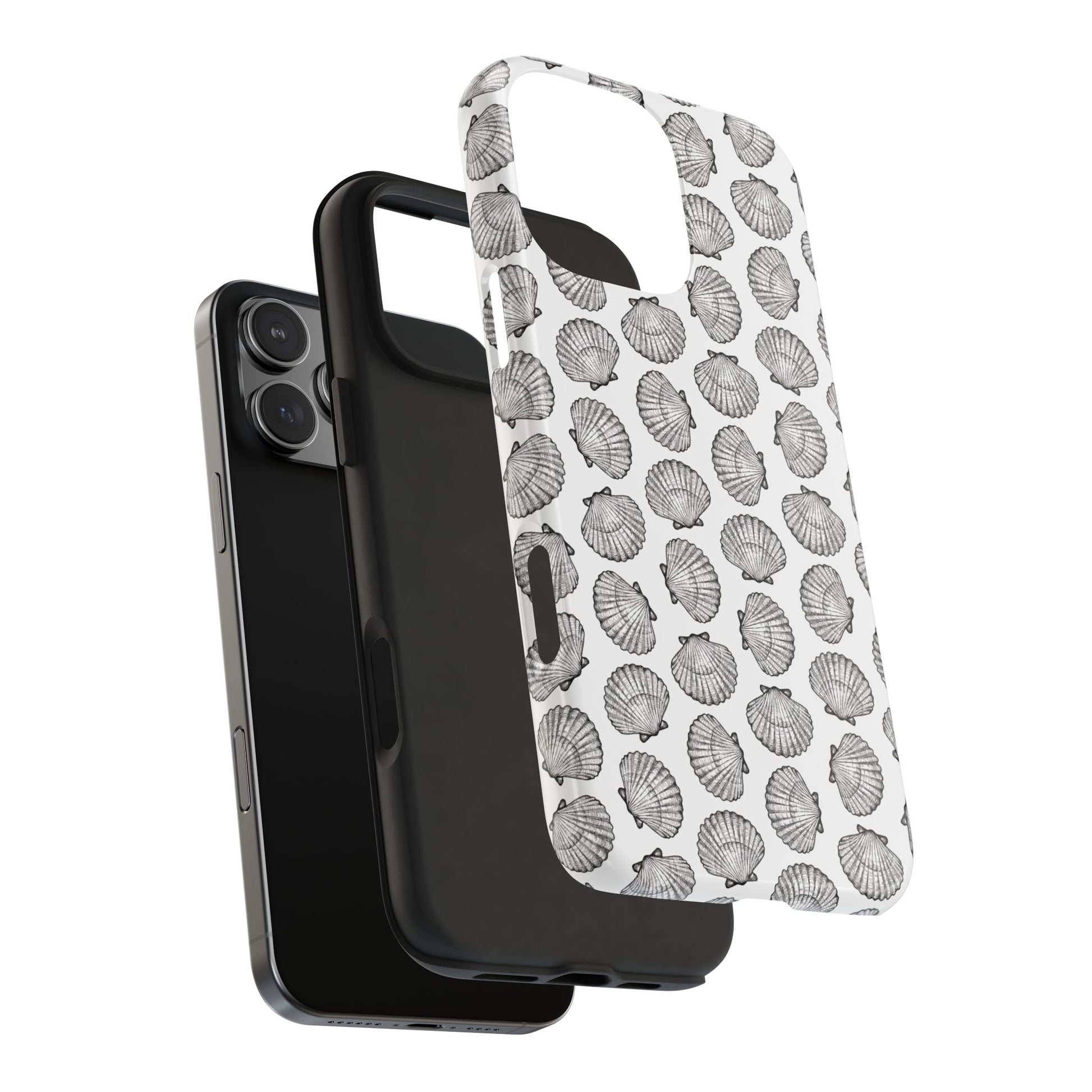 Exploded view of Irish Flat Scallop Shell Phone Case showing the tough outer shell and inner rubber liner for dual-layer protection.