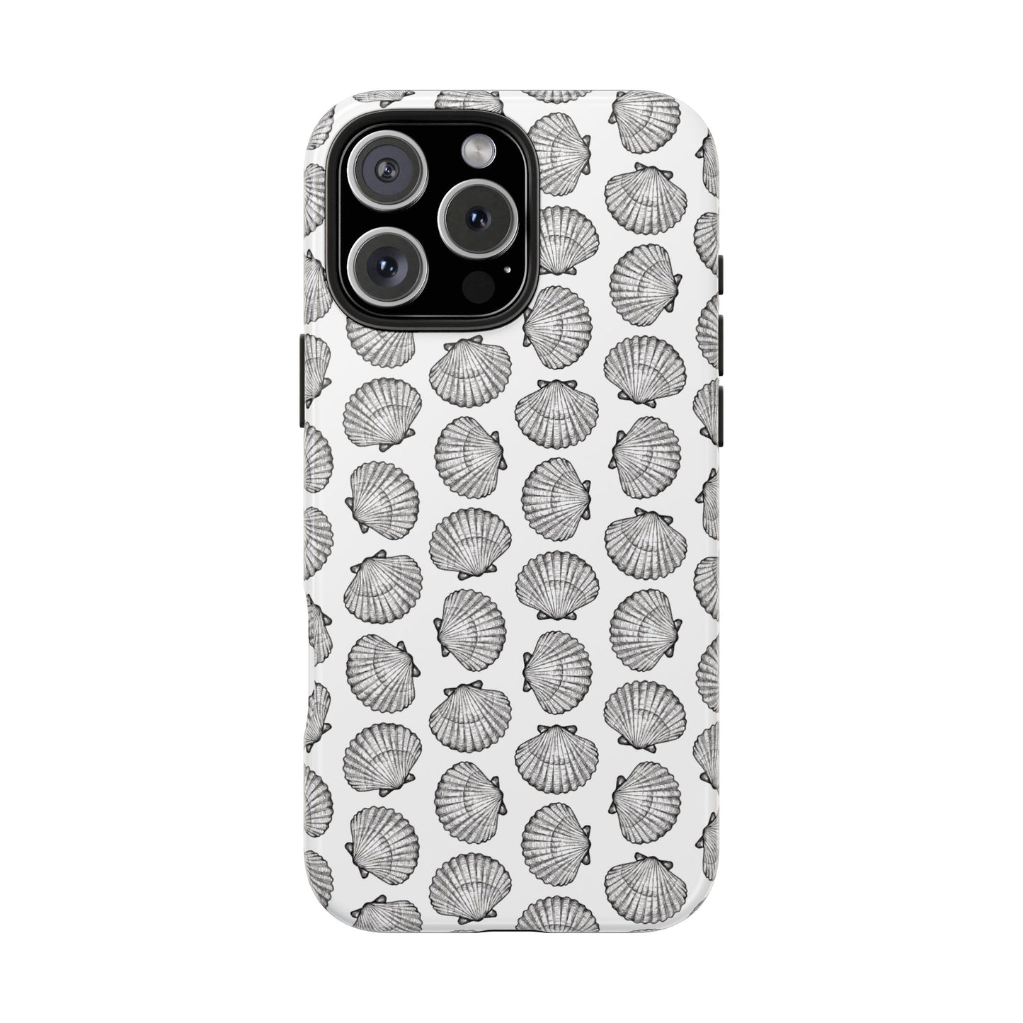 Front view of Irish Flat Scallop Shell Phone Case on white background, featuring a minimalist ink illustration of a single scallop shell.