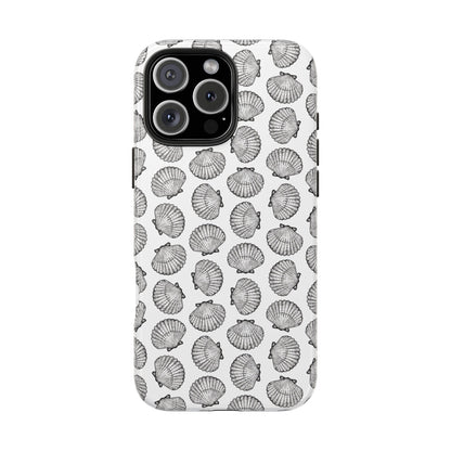 Front view of Irish Flat Scallop Shell Phone Case on white background, featuring a minimalist ink illustration of a single scallop shell.