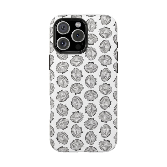 Front view of Irish Flat Scallop Shell Phone Case on white background, featuring a minimalist ink illustration of a single scallop shell.