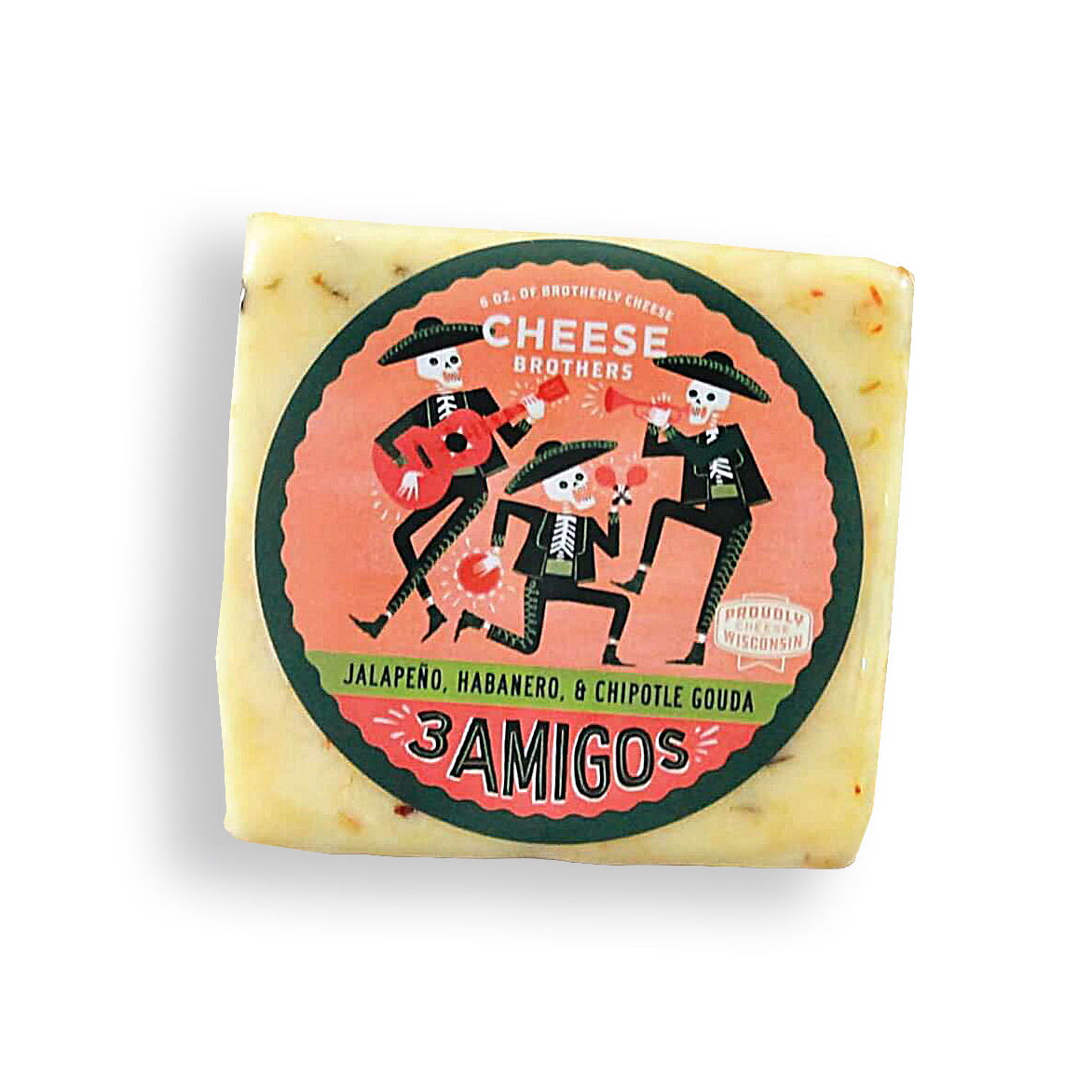 Jalapeno, habanero, chipotle gouda cheese block with 'Three Amigos' label on white background.