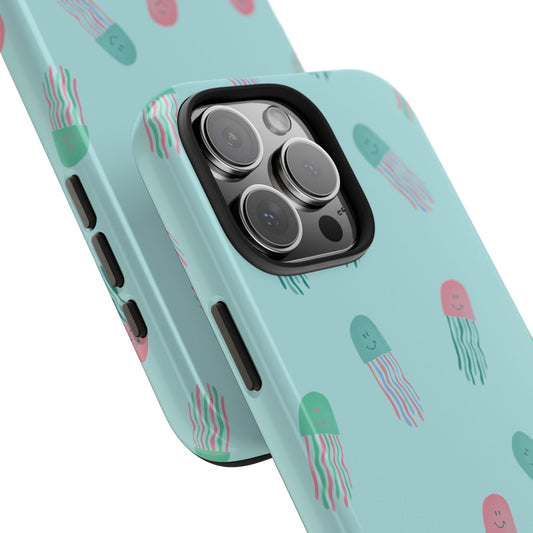 Angled close-up of Jellyfish Pattern Phone Case highlighting the vivid marine artwork and glossy UV-coated surface.