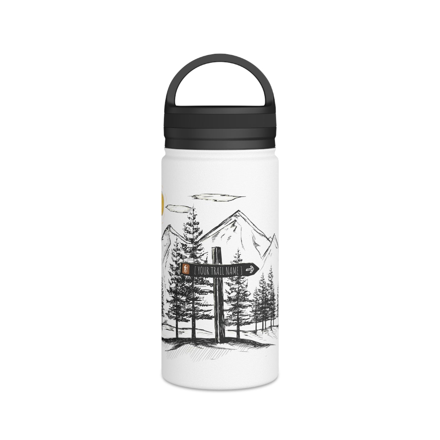 12oz Kempain Artist Series matte white stainless steel water bottle featuring a hand-etched mountain illustration and blank customizable trail sign.