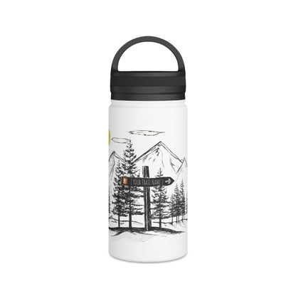 12oz Kempain Artist Series matte white stainless steel water bottle featuring a hand-etched mountain illustration and blank customizable trail sign.